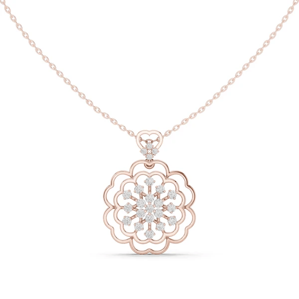 Rose gold floral diamond cluster pendant with round center and scalloped petals