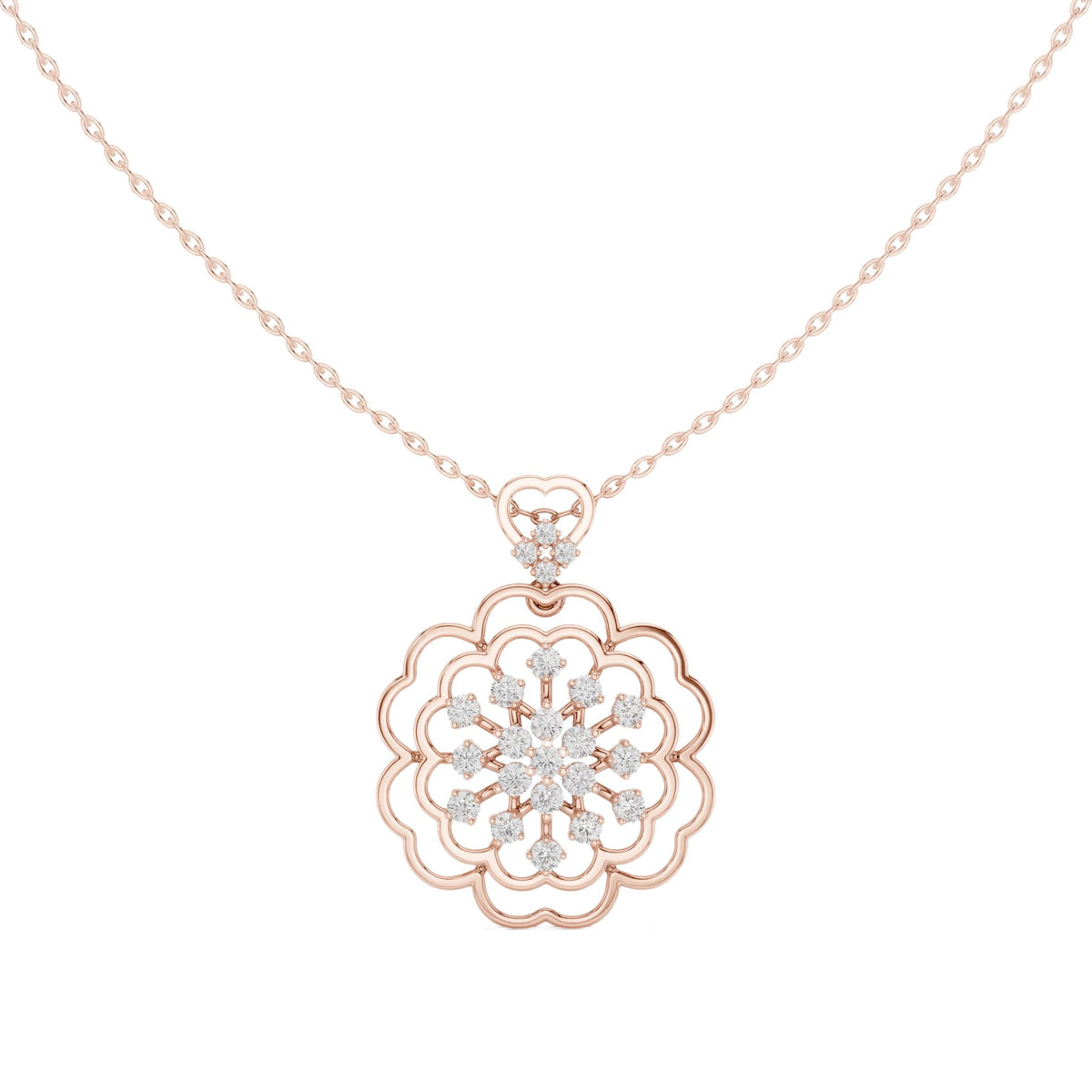 Rose gold floral round diamond cluster pendant on a chain
