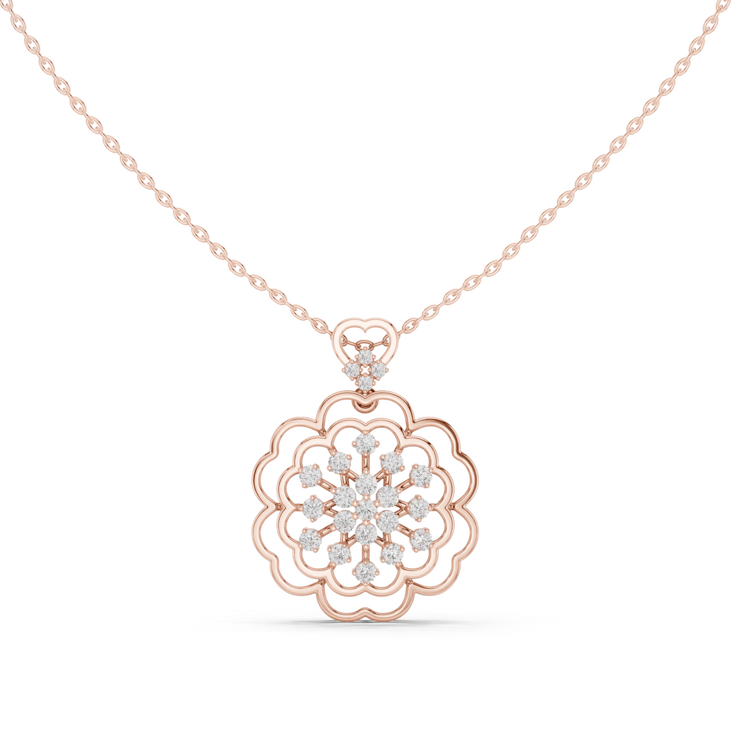 Rose gold floral round diamond cluster pendant on a chain