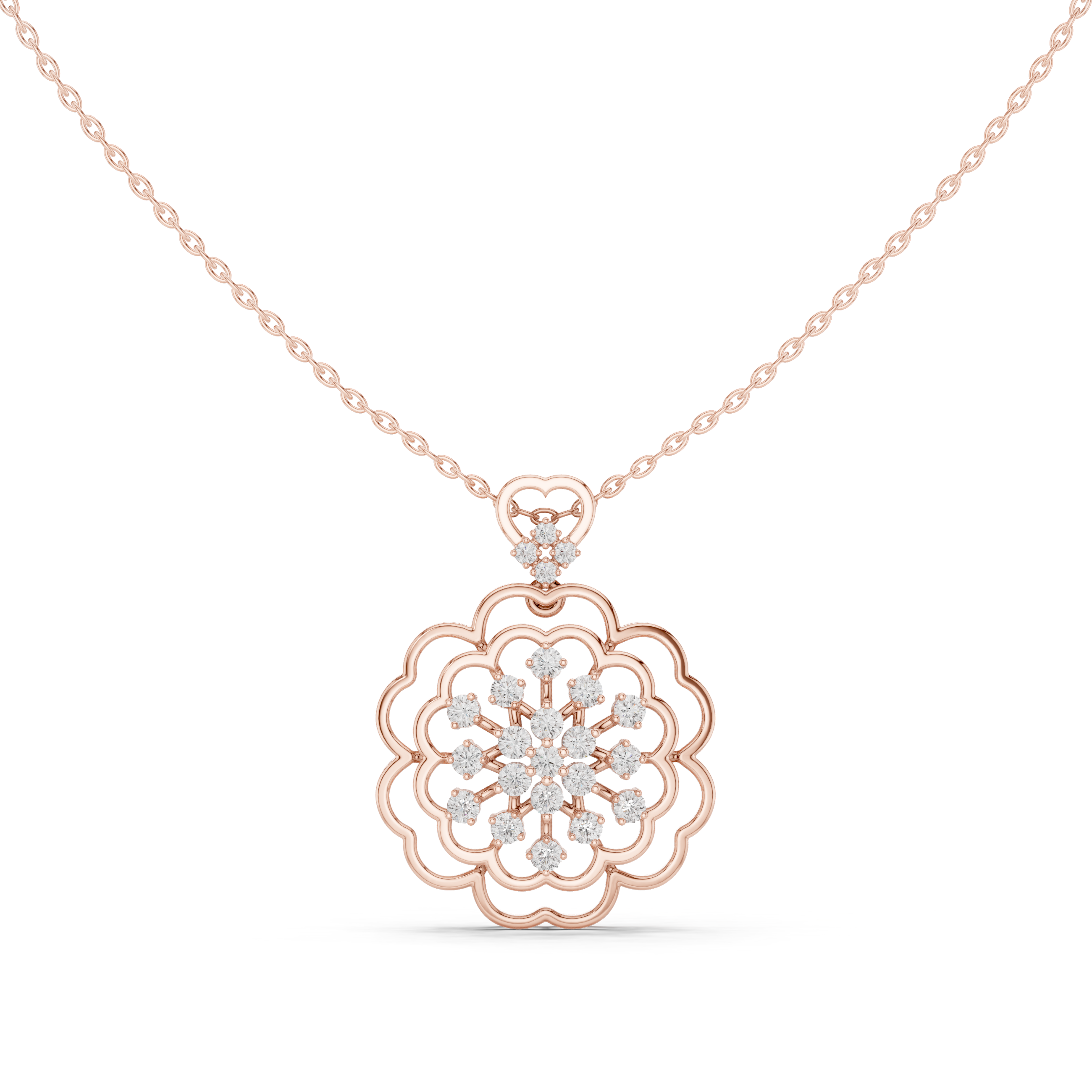 Rose gold floral round diamond cluster pendant on a chain