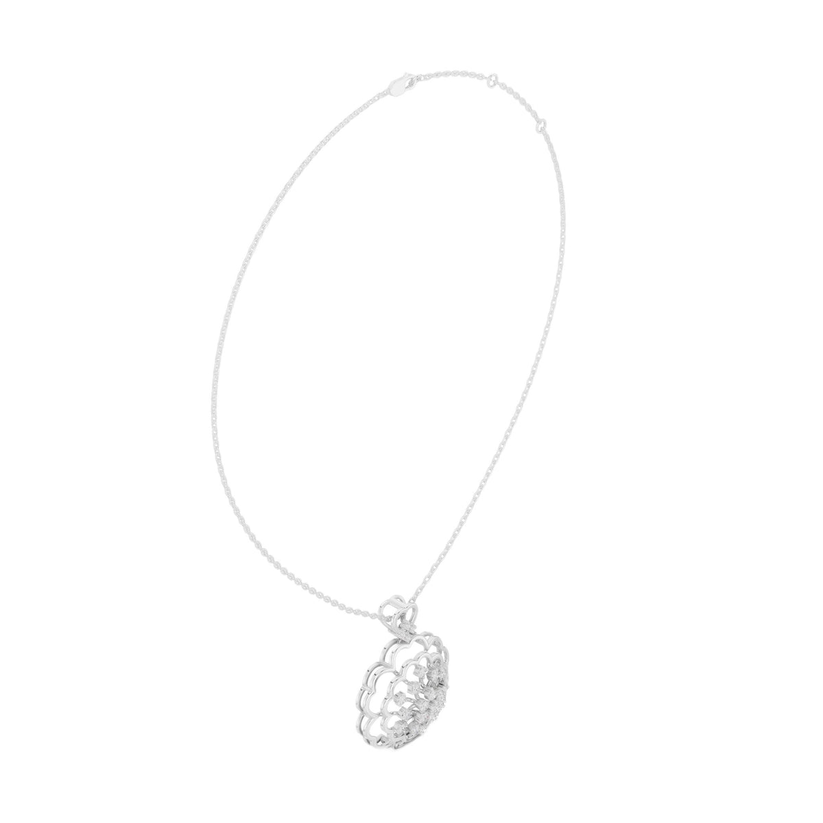 Diamond cluster pendant in platinum-toned metal with ornate floral frame and round center diamonds