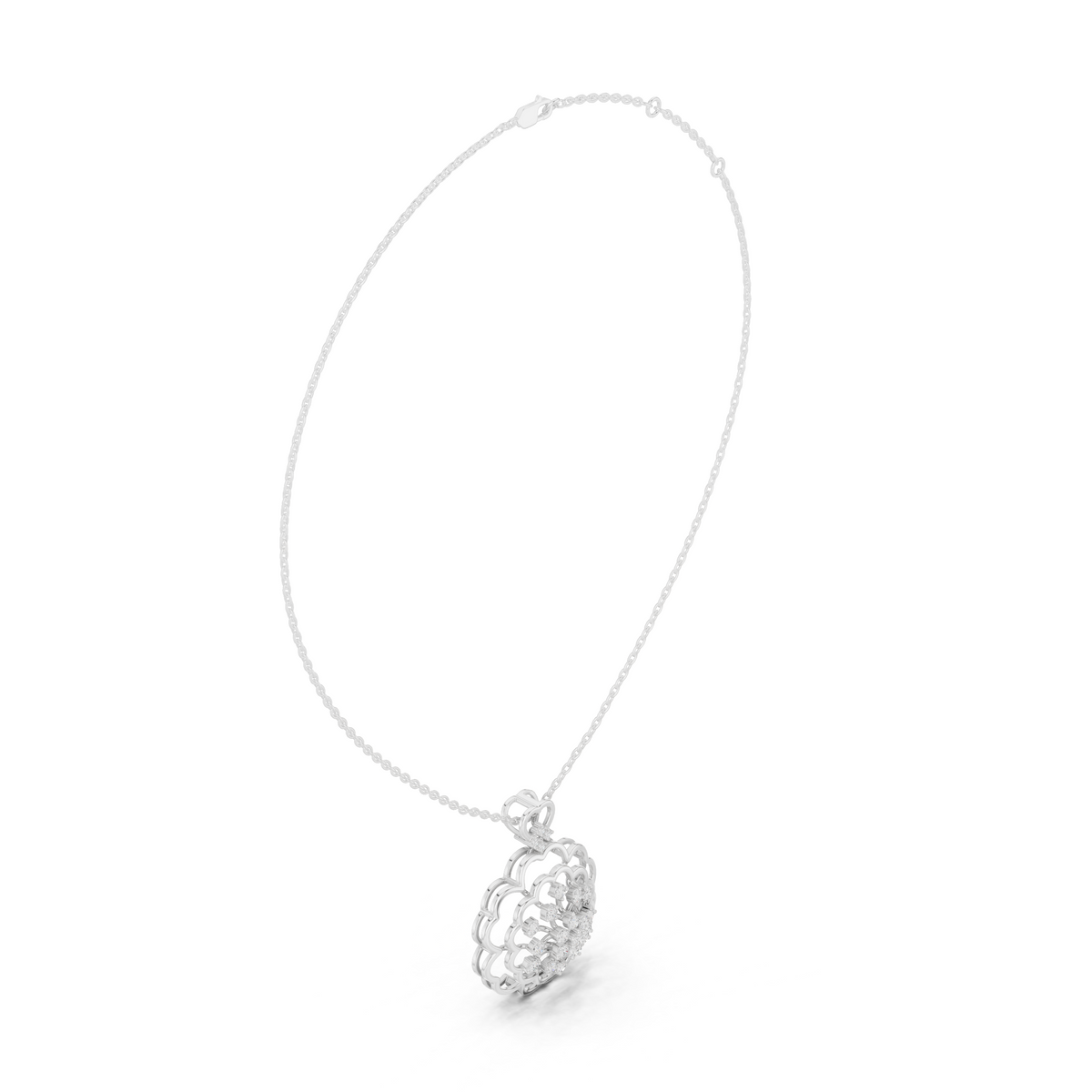 Diamond cluster pendant in platinum-toned metal with ornate floral frame and round center diamonds