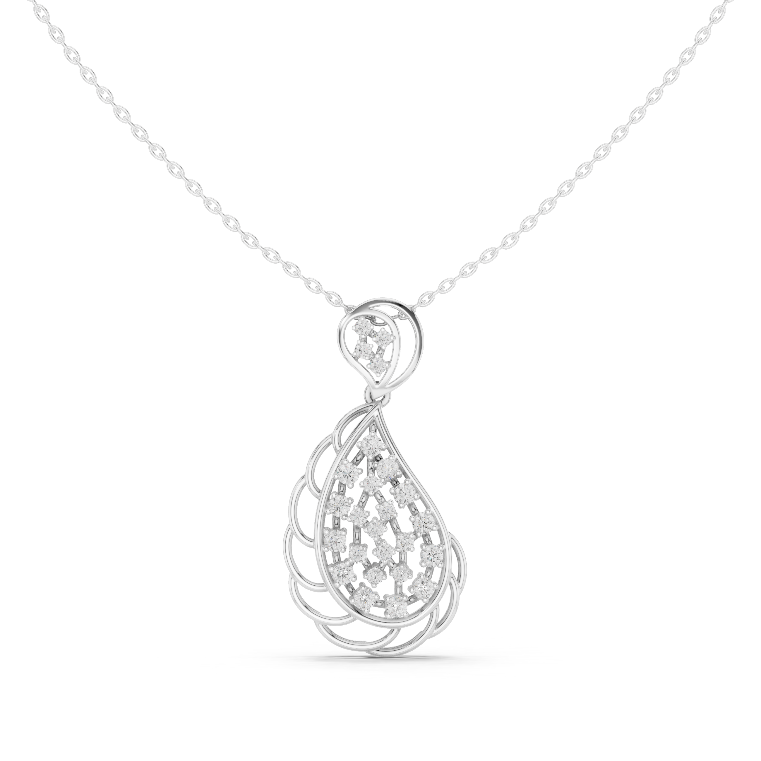 White gold paisley diamond teardrop drop pendant on chain with pavé round stones