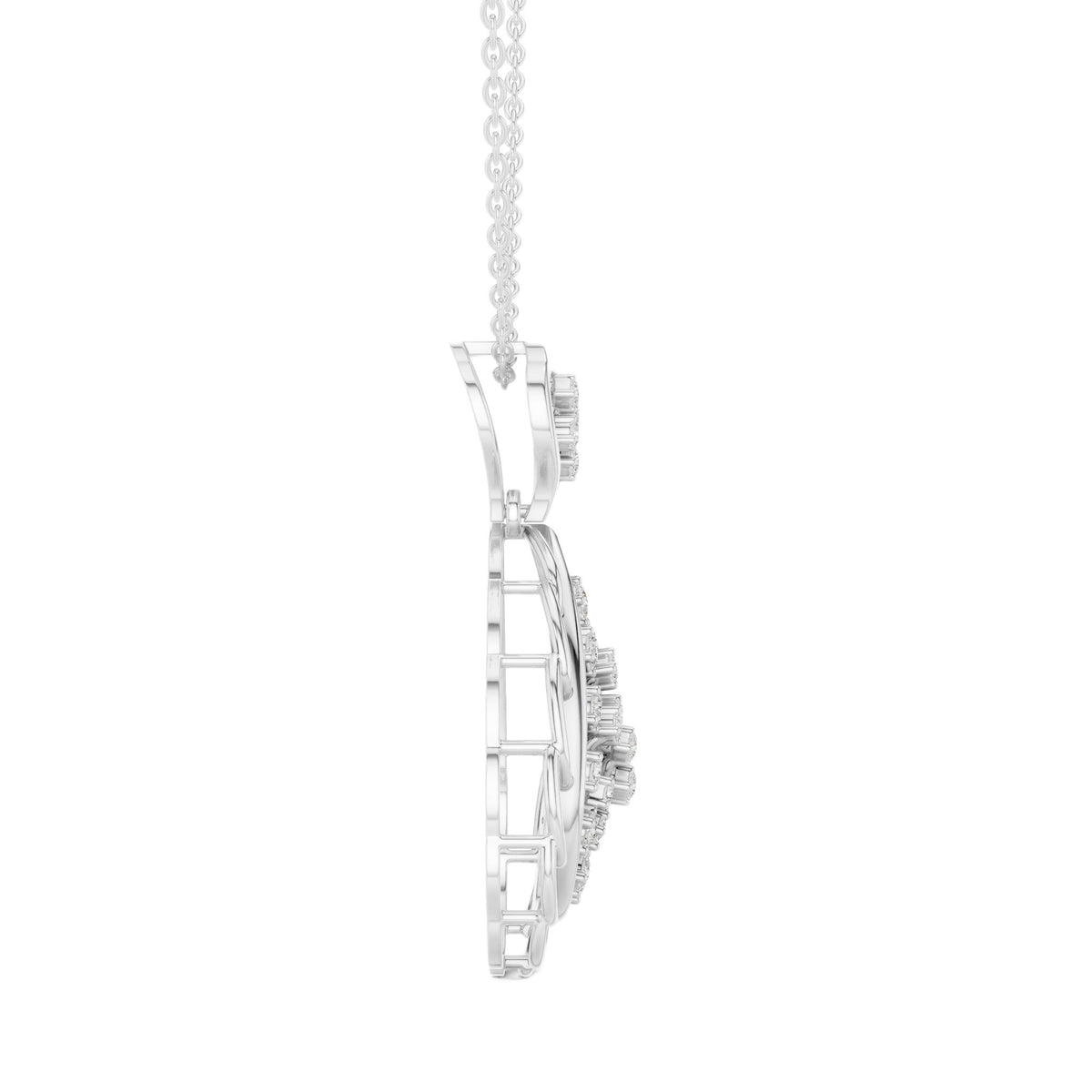 Silver-tone teardrop diamond pendant with paisley-style openwork drop on chain