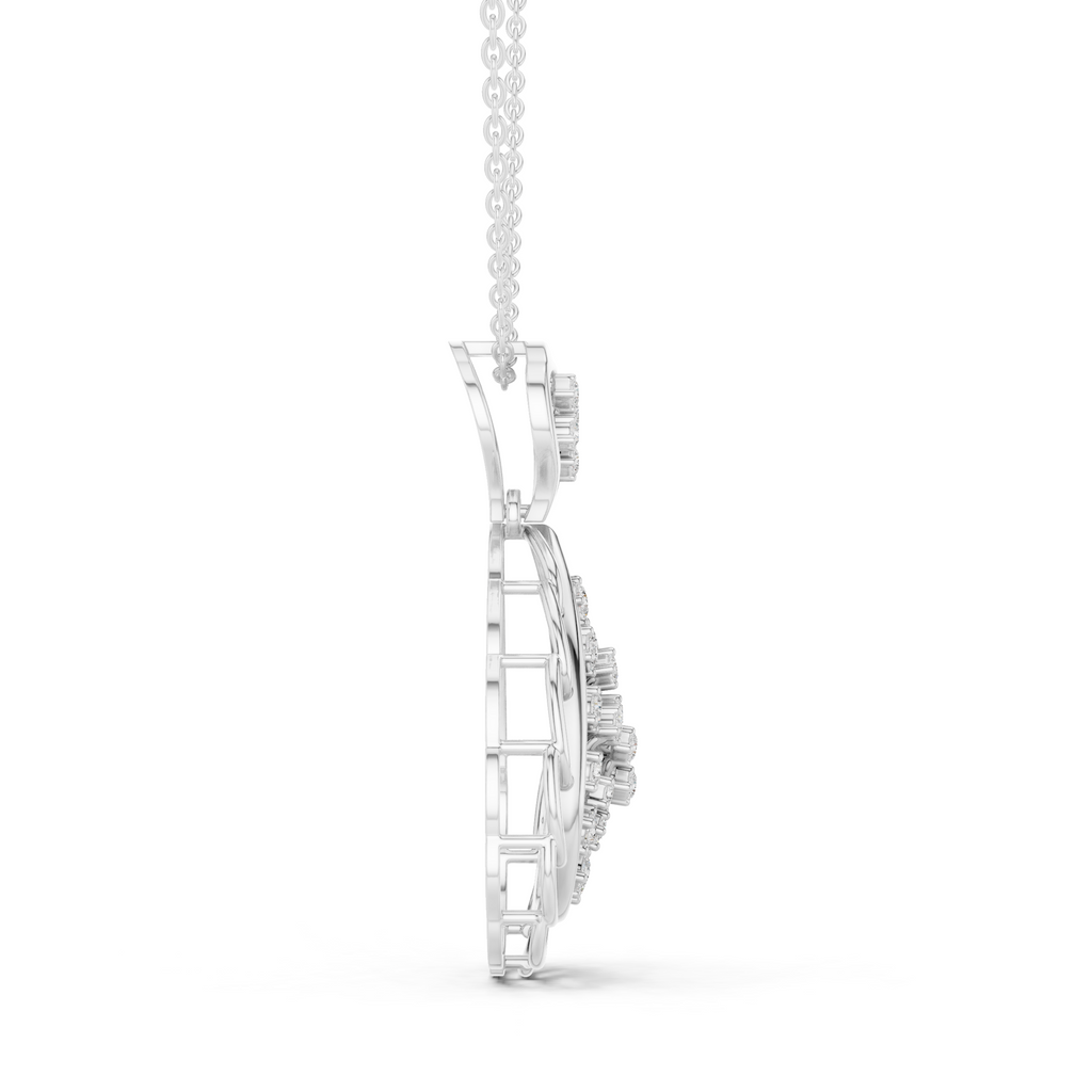 White gold paisley diamond drop pendant necklace side view with pavé teardrop