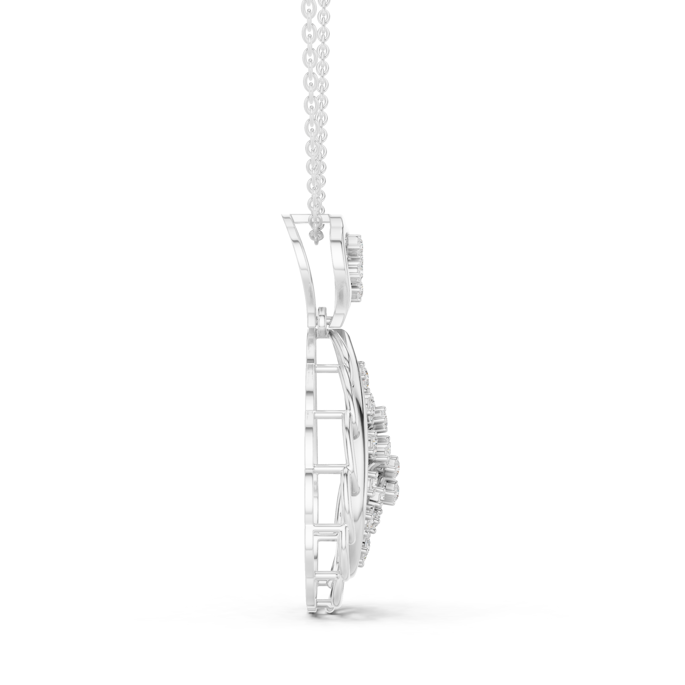 White gold paisley diamond drop pendant necklace side view with pavé teardrop
