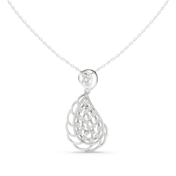 White gold paisley diamond drop pendant necklace with teardrop pavé detail