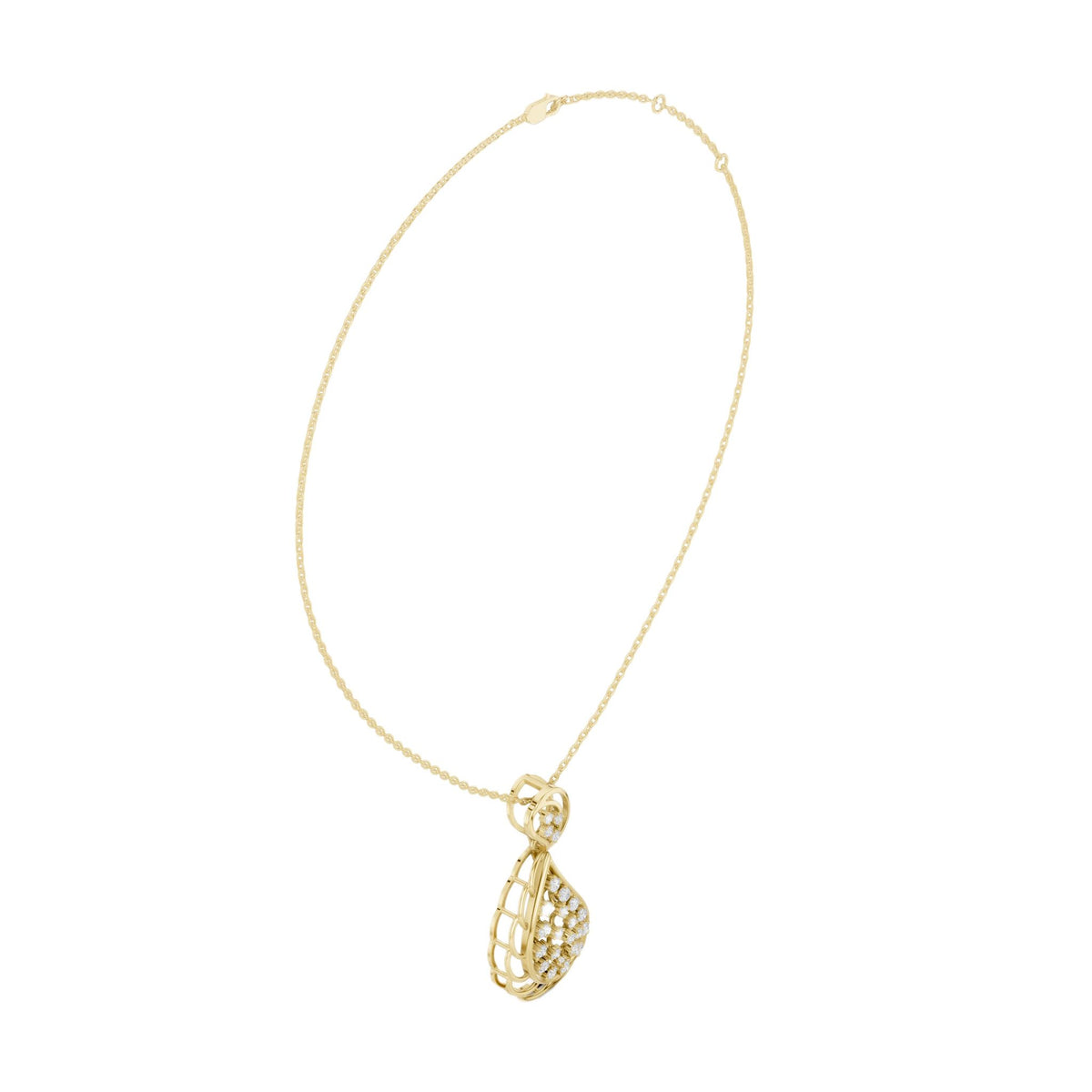 Yellow gold teardrop diamond pendant with paisley-style openwork on bead chain