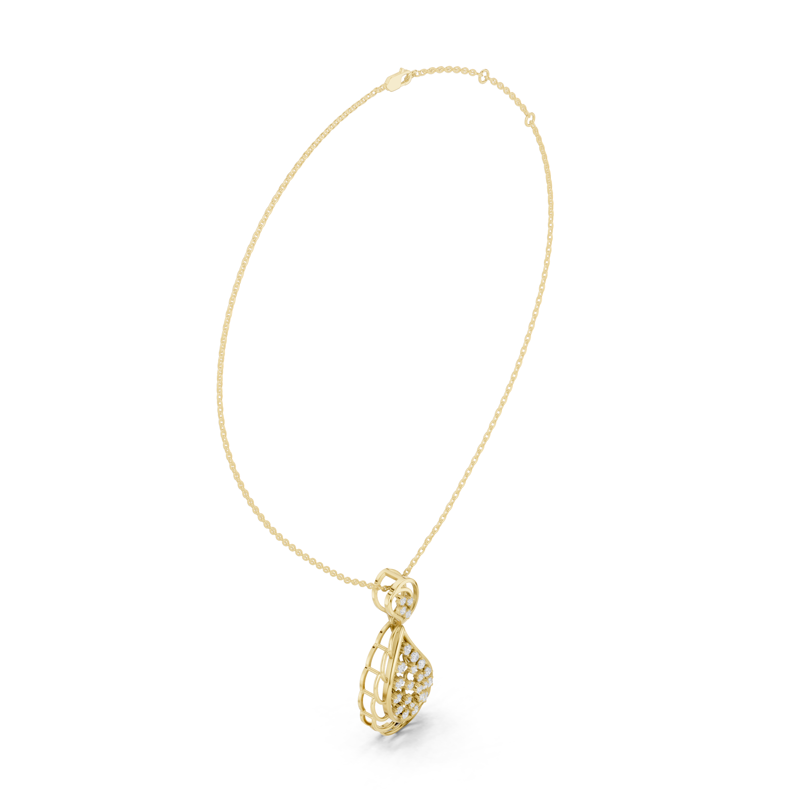 Yellow gold paisley diamond pendant necklace with teardrop frame and round pavé detail
