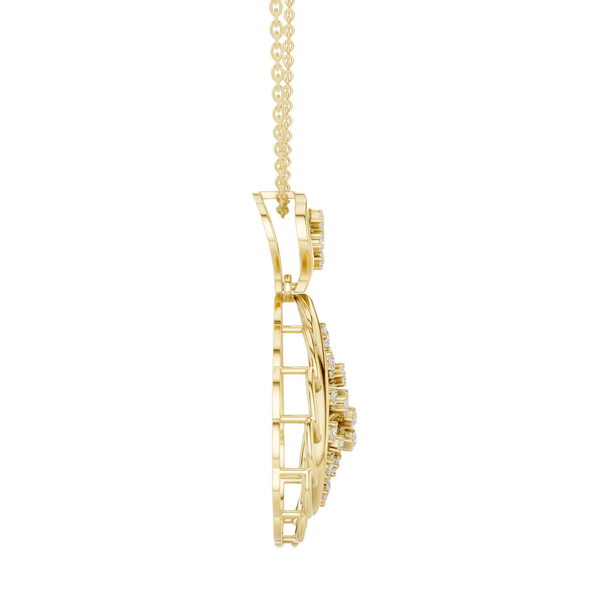 Yellow gold paisley diamond drop pendant necklace side view with round pavé teardrop
