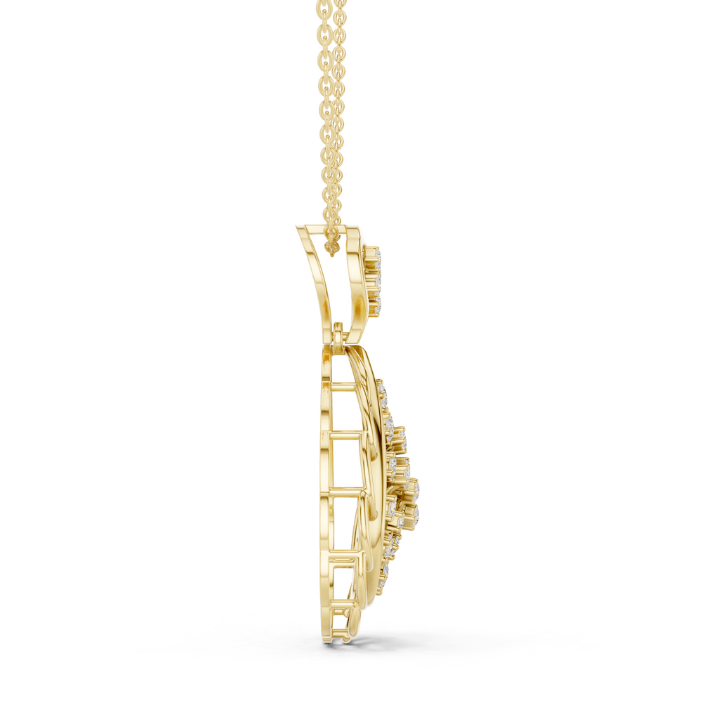 Yellow gold paisley diamond drop pendant necklace side view with round pavé teardrop