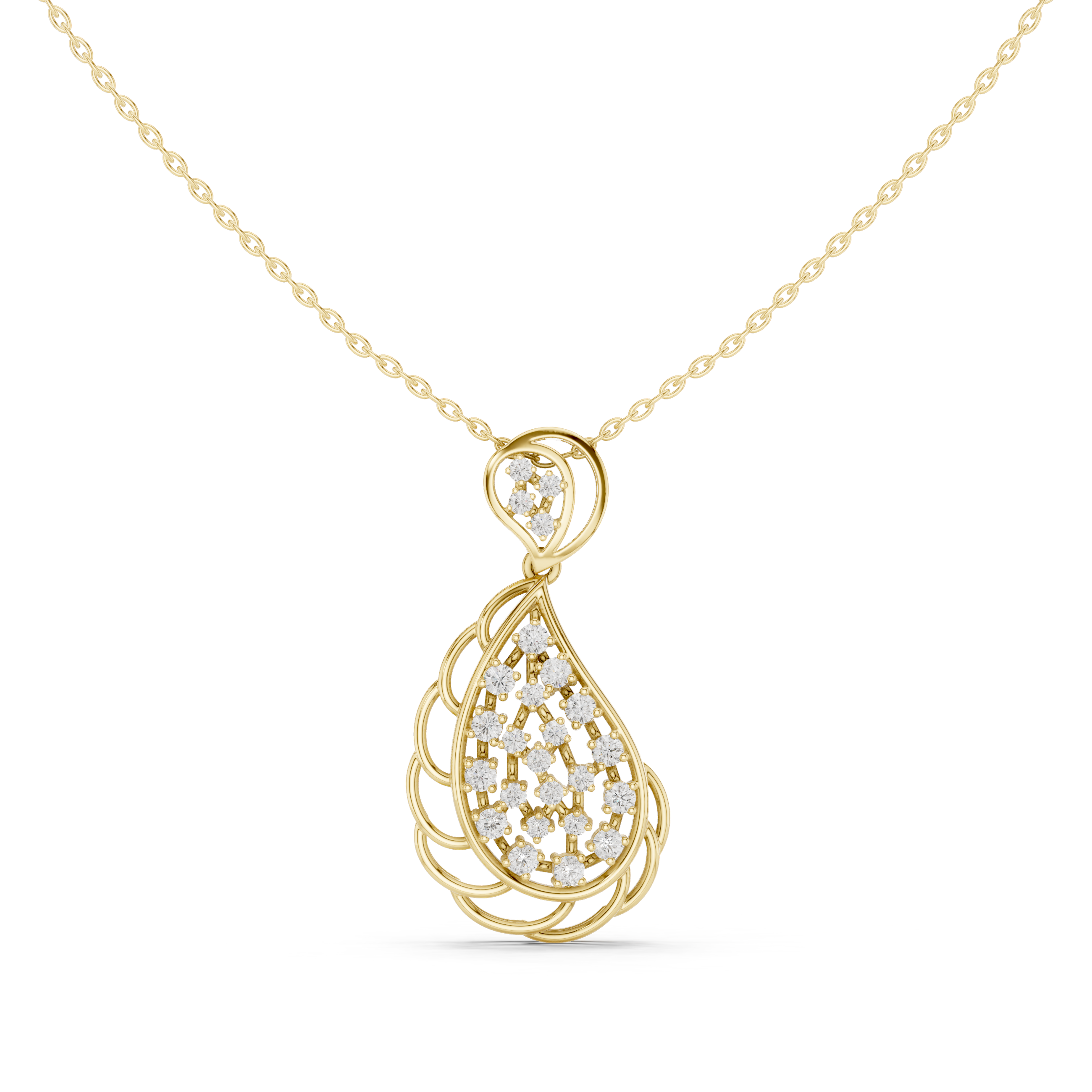 Yellow gold round diamond teardrop drop pendant with paisley frame
