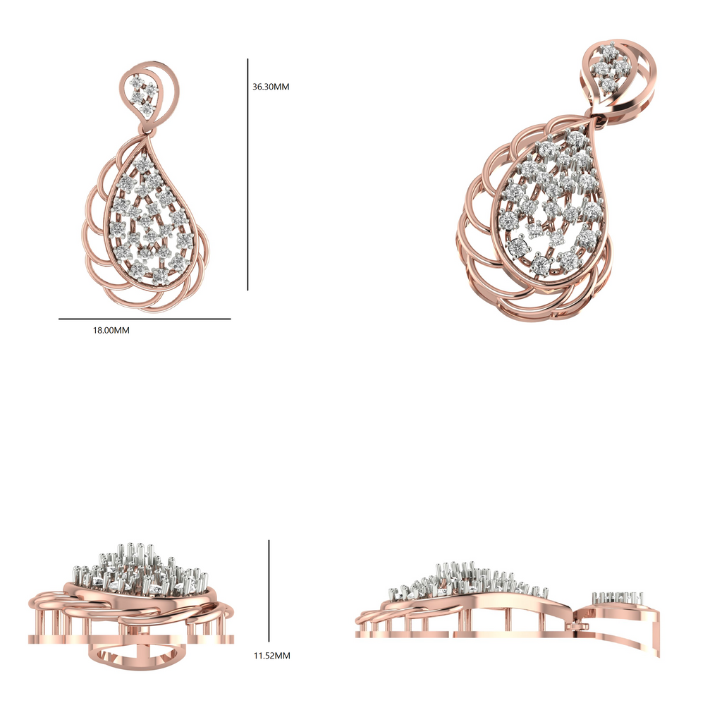 Rose gold diamond pendant size diagram with front, side, and top views and measurements