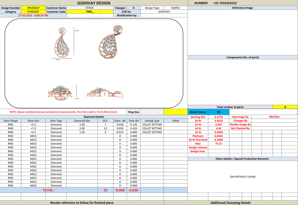 Jewelry design specification table for the diamond pendant, showing dimensions and metal details