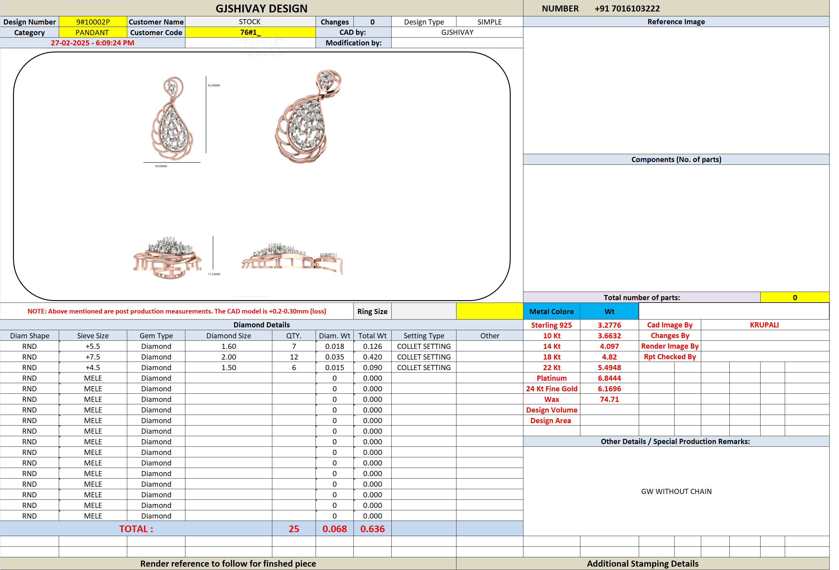 Jewelry design specification table for the diamond pendant, showing dimensions and metal details