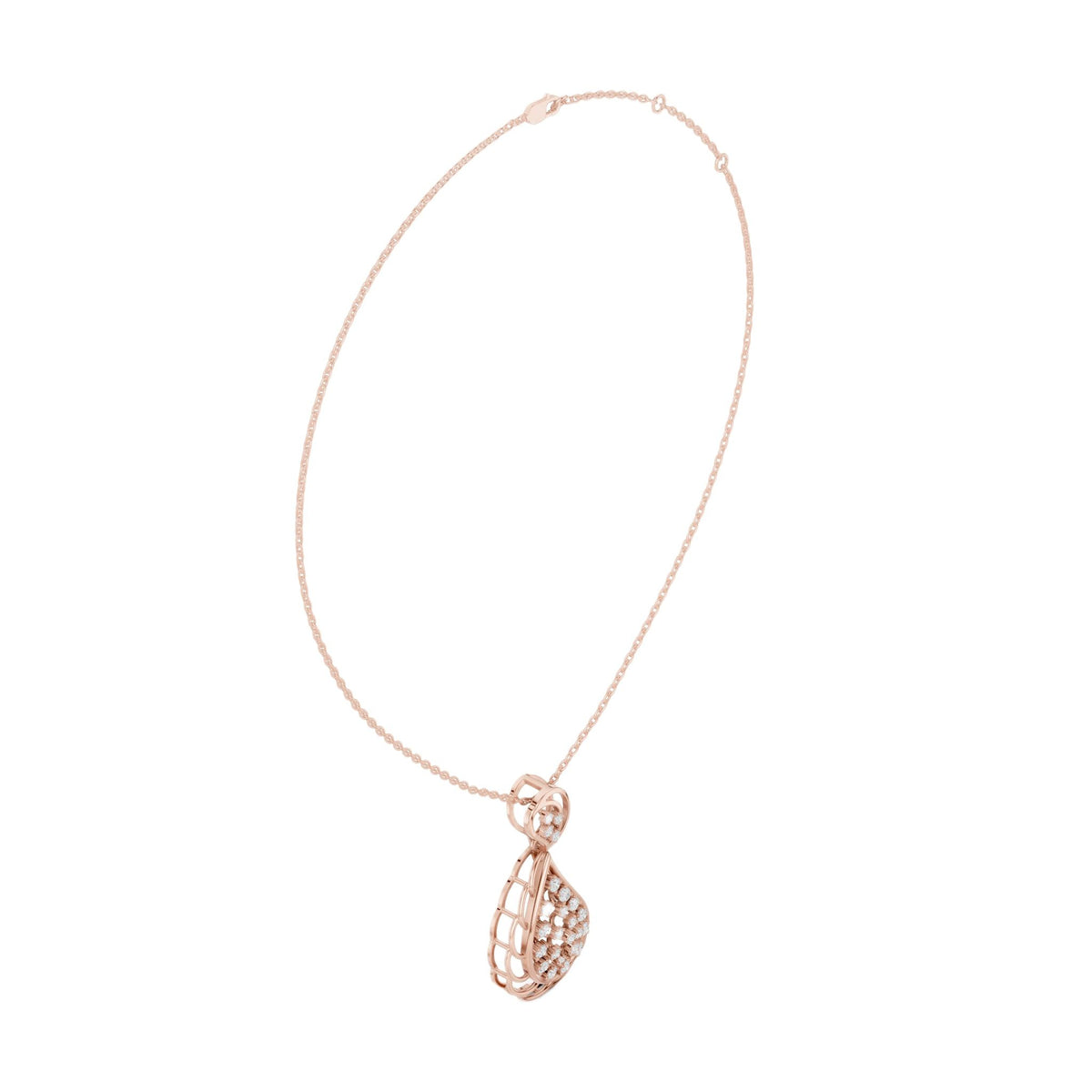 Rose gold teardrop diamond pendant with paisley-style openwork on bead chain