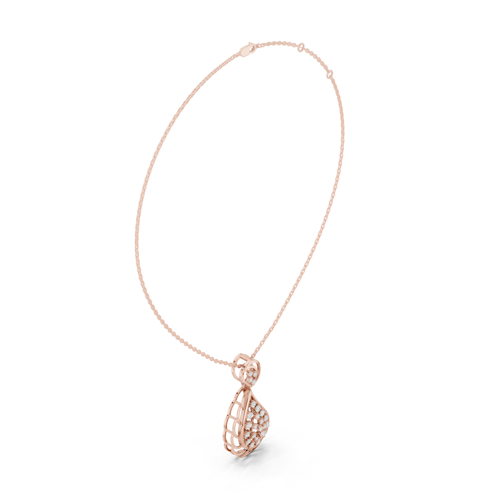 Diamond drop pendant with textured teardrop charm and small pavé diamonds, rose gold