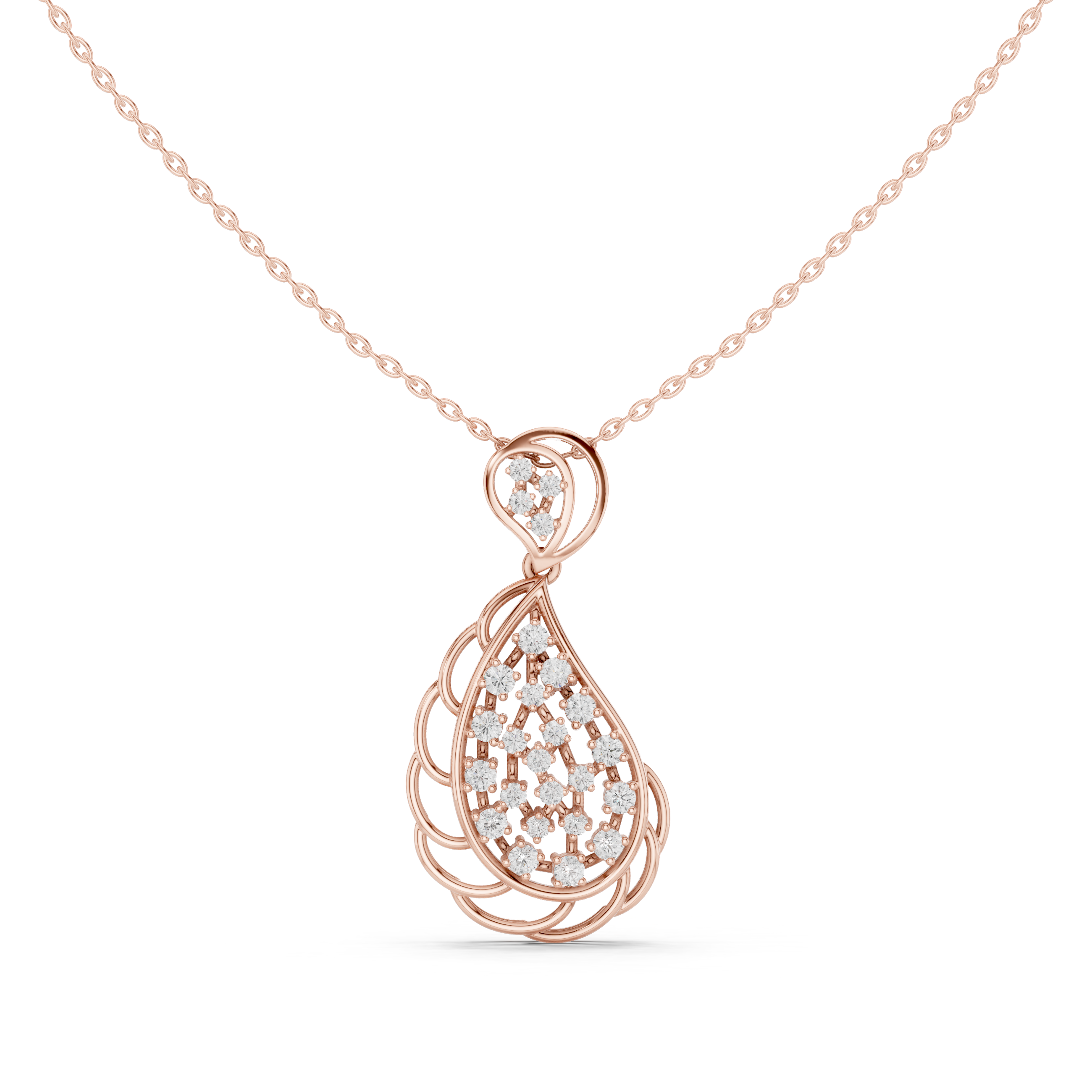 Rose gold diamond teardrop pendant with pavé paisley motif and round cluster center