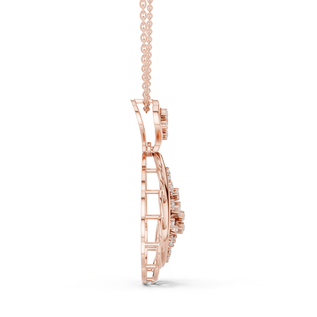 Rose gold diamond drop pendant side view with layered oval links and pavé detailing