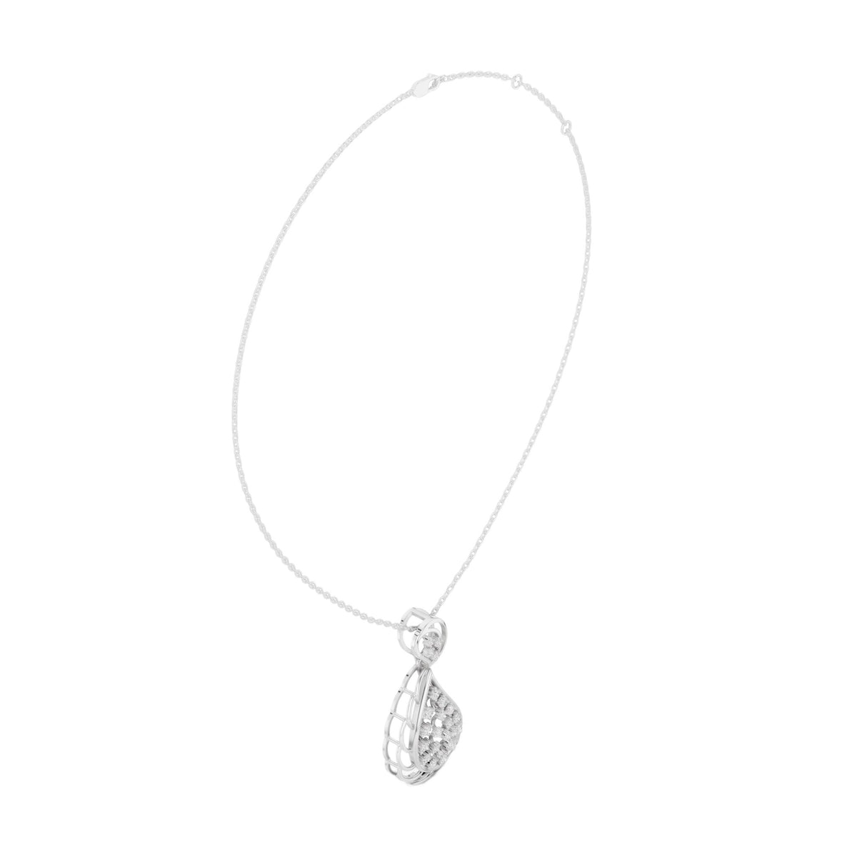 White metal teardrop diamond pendant with paisley-style openwork on bead chain