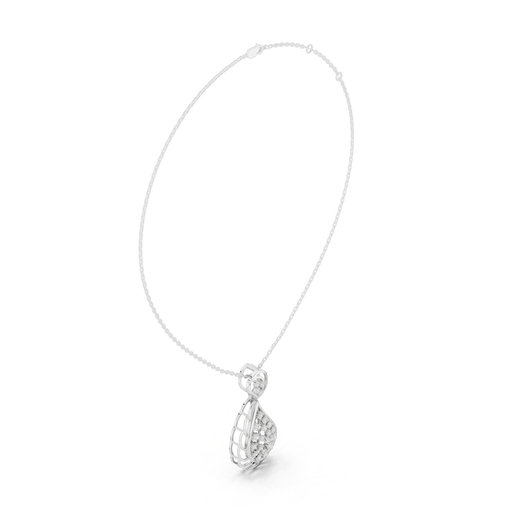 Pear-shaped diamond drop pendant with textured paisley motif, white metal finish