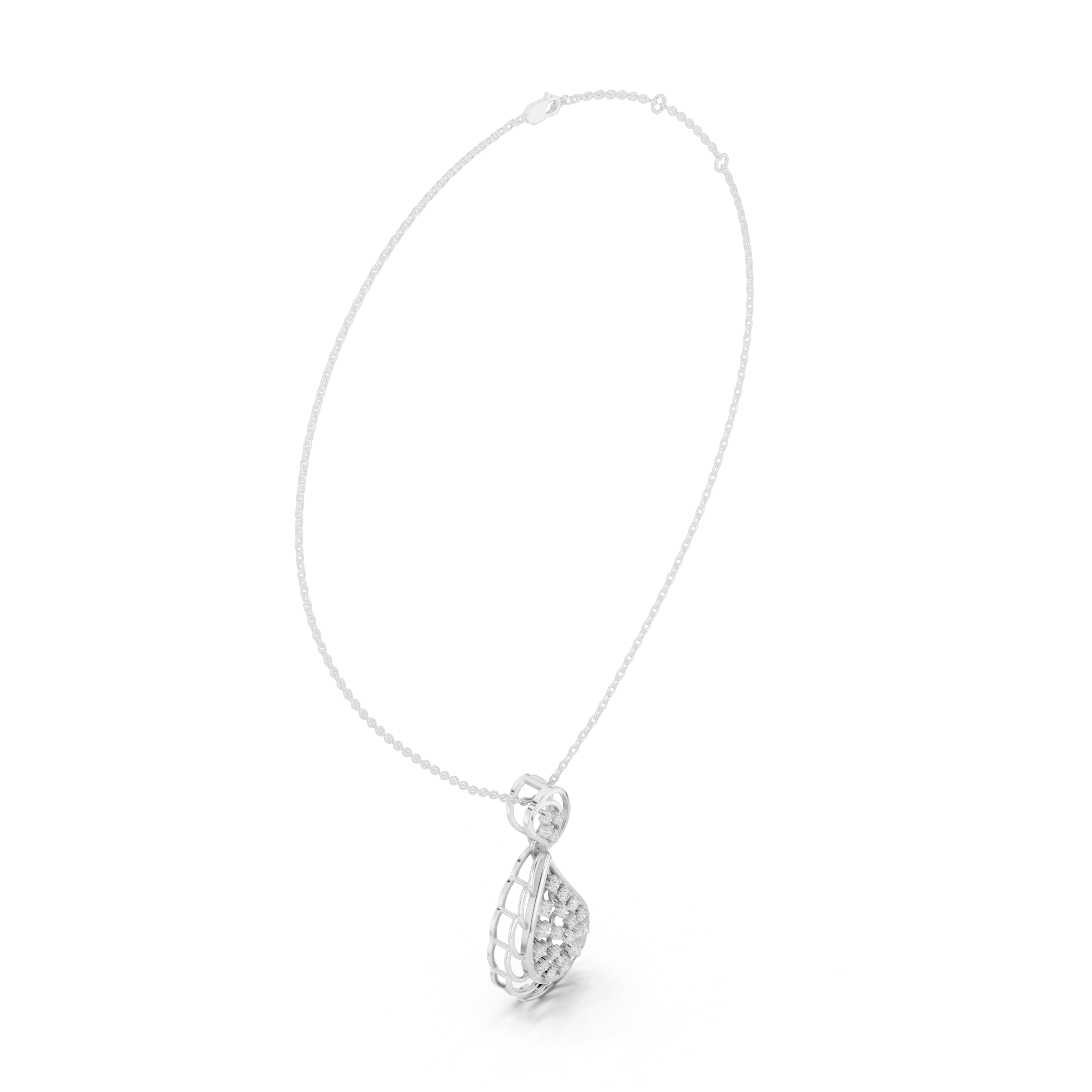 Pear-shaped diamond drop pendant with textured paisley motif, white metal finish
