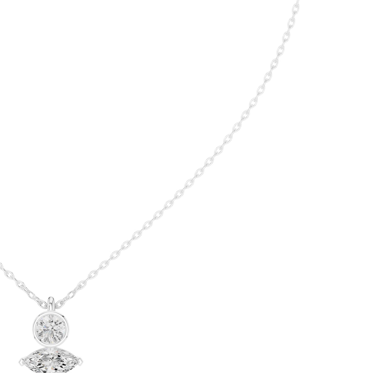 Marquise and round diamond drop pendant on white gold chain, close-up