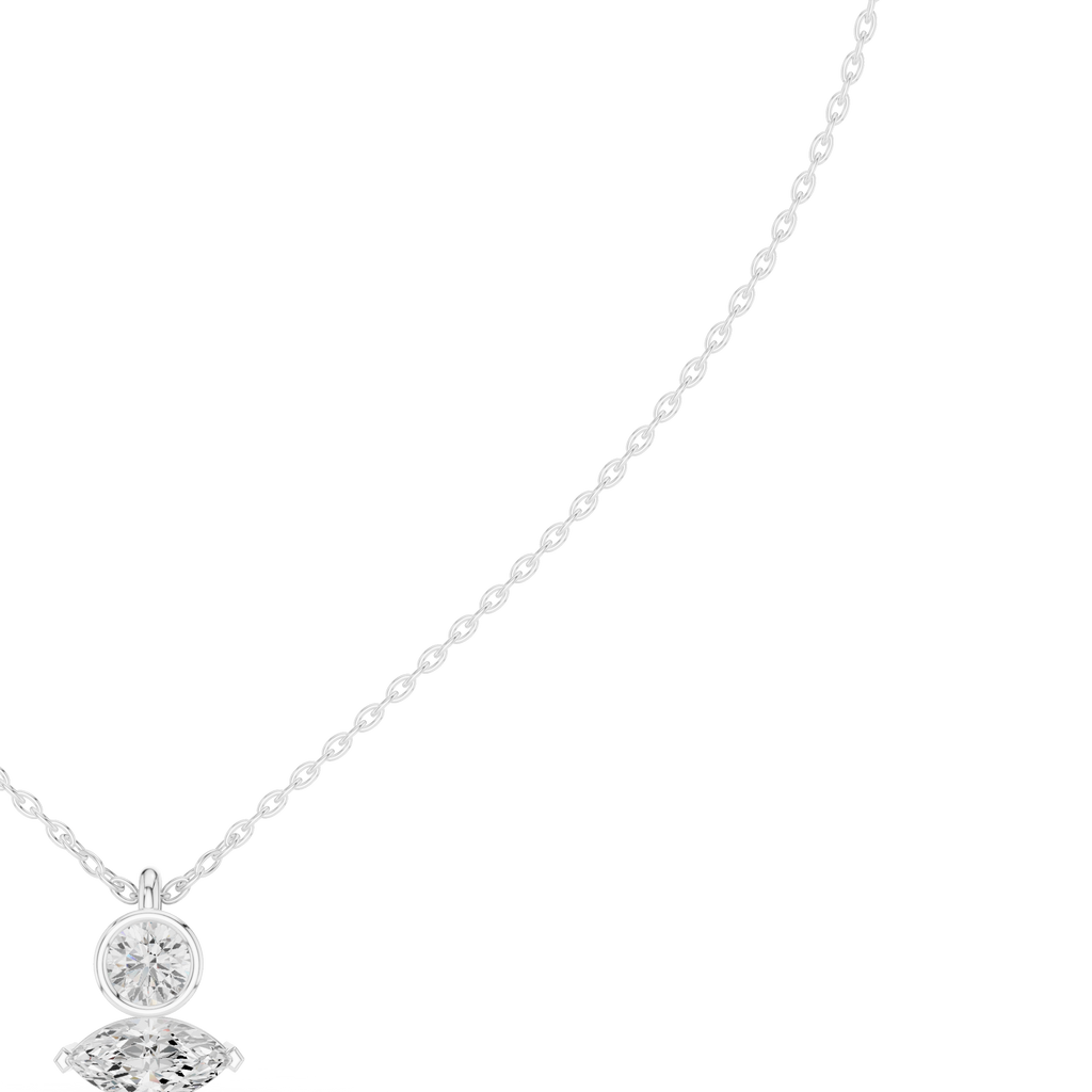 Marquise and round diamond drop pendant on white gold chain, close-up