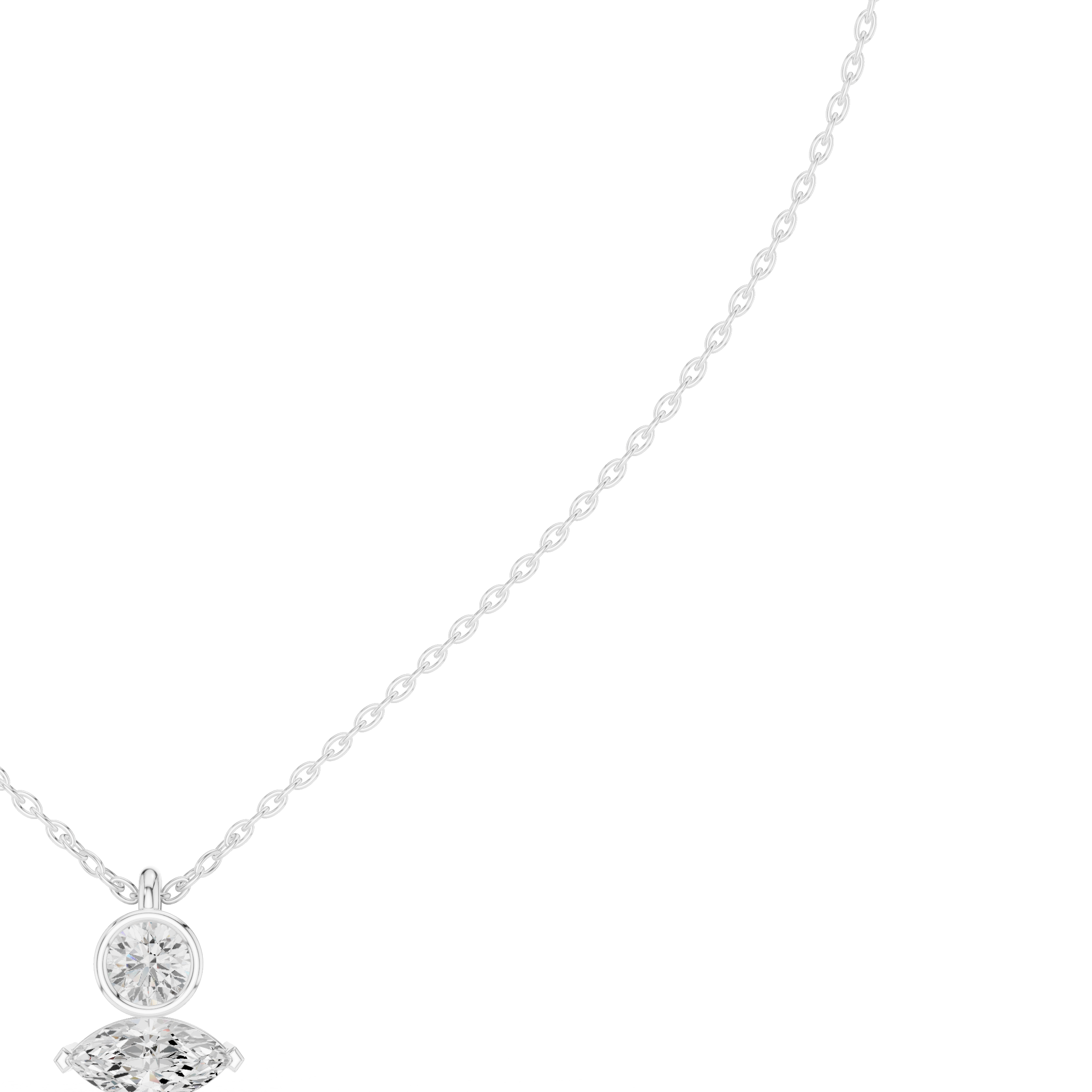 Marquise and round diamond drop pendant on white gold chain, close-up