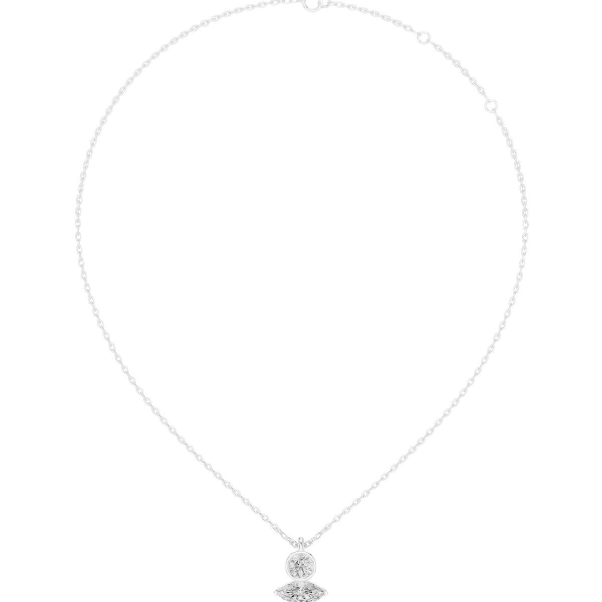 Round diamond drop pendant on white gold chain with small halo setting