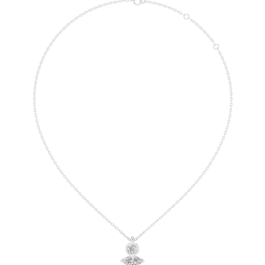 Round diamond drop pendant on white gold chain with small halo setting