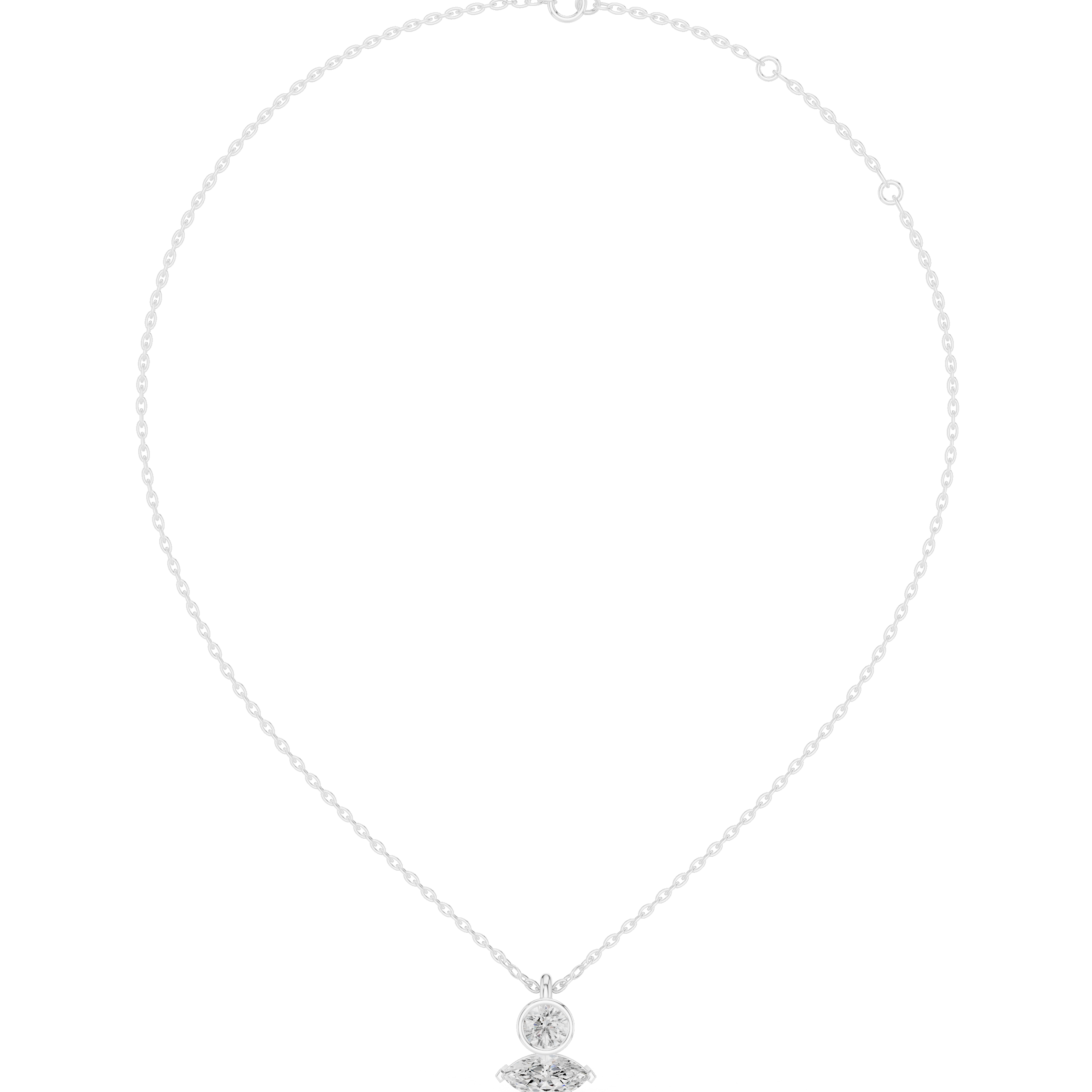 Round diamond drop pendant on white gold chain with small halo setting