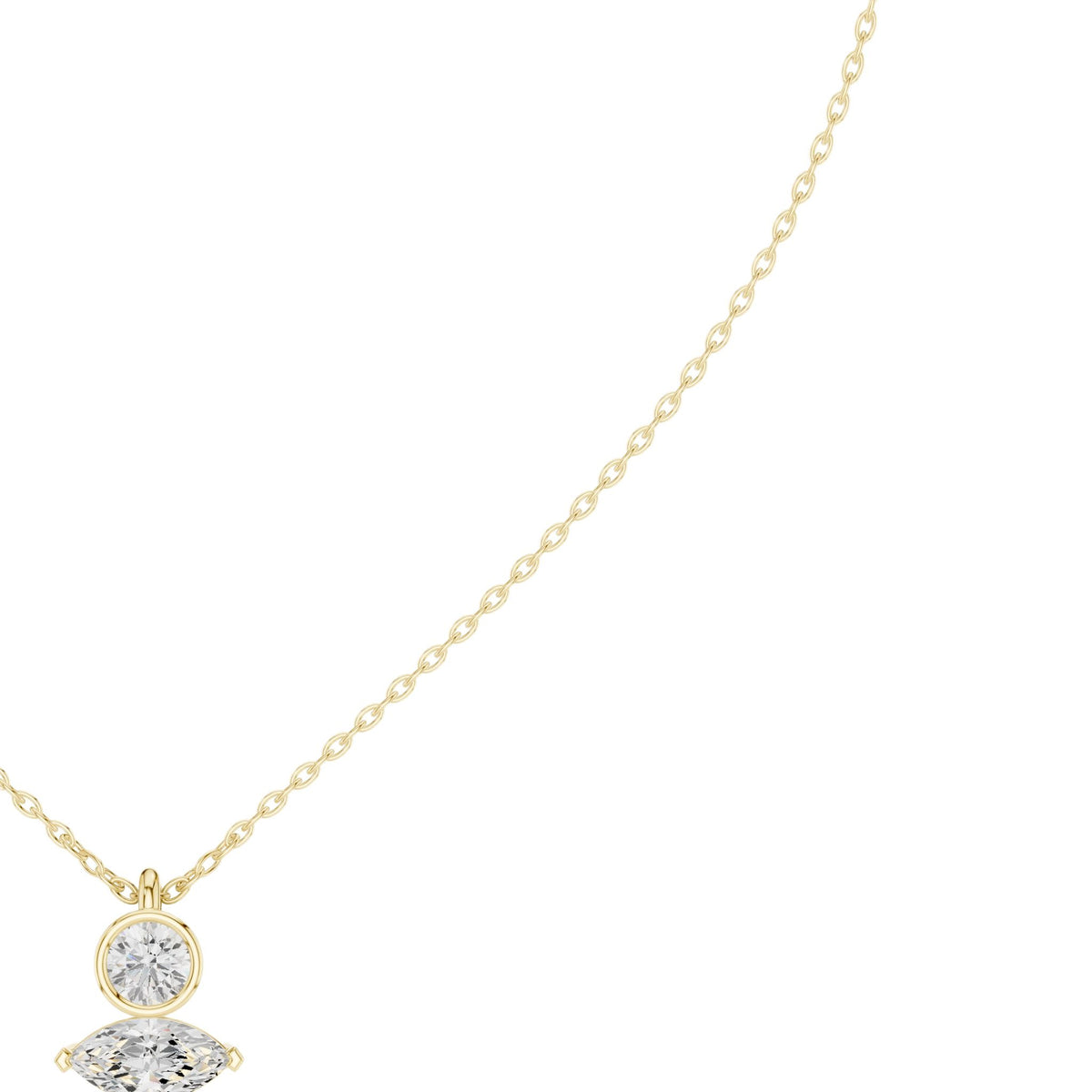 Yellow gold marquise and round diamond drop pendant close-up on chain