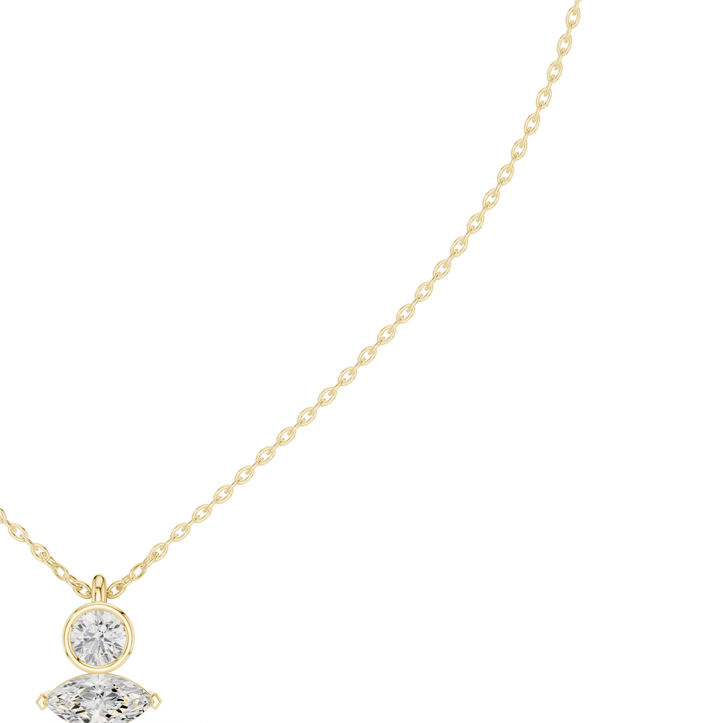 Marquise and round diamond drop pendant on yellow gold chain, close-up