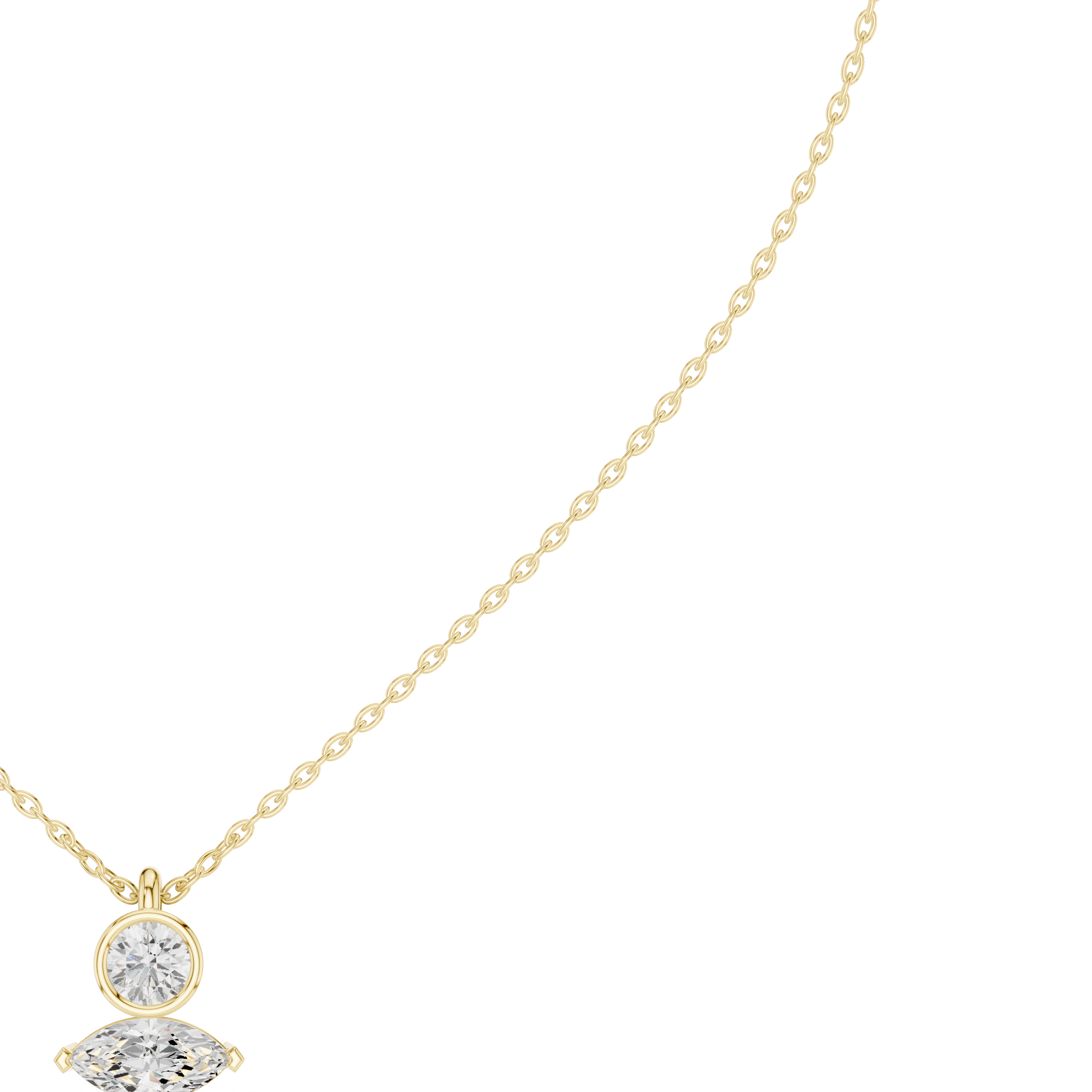 Marquise and round diamond drop pendant on yellow gold chain, close-up