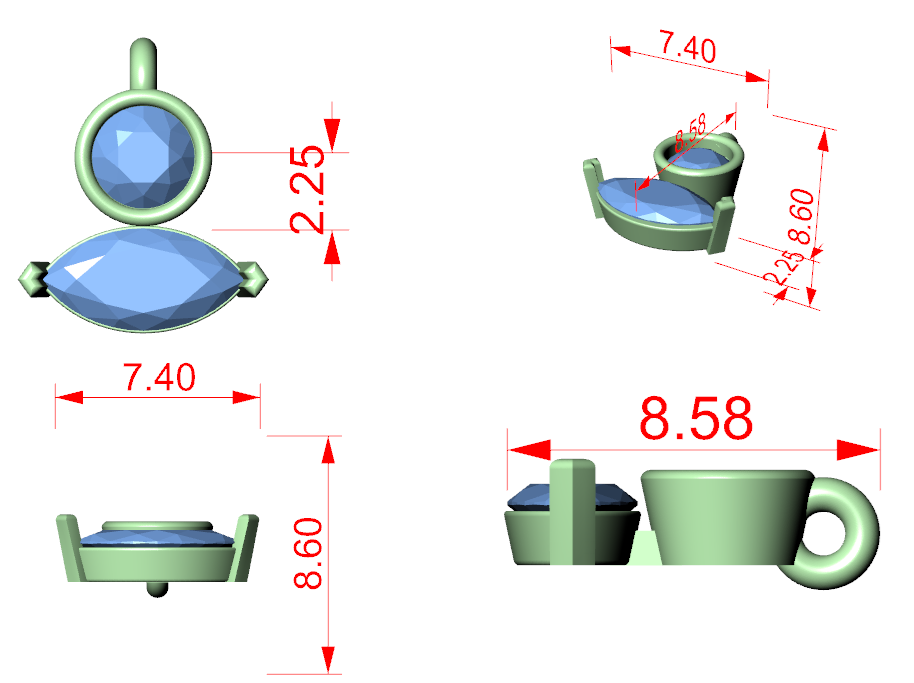 Jewelry design dimension sketch showing pendant views with measurements 7.40 and 8.60