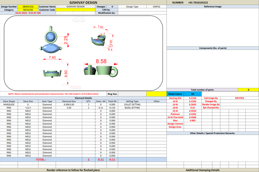 Jewelry design worksheet screenshot with render thumbnail and measurement callouts