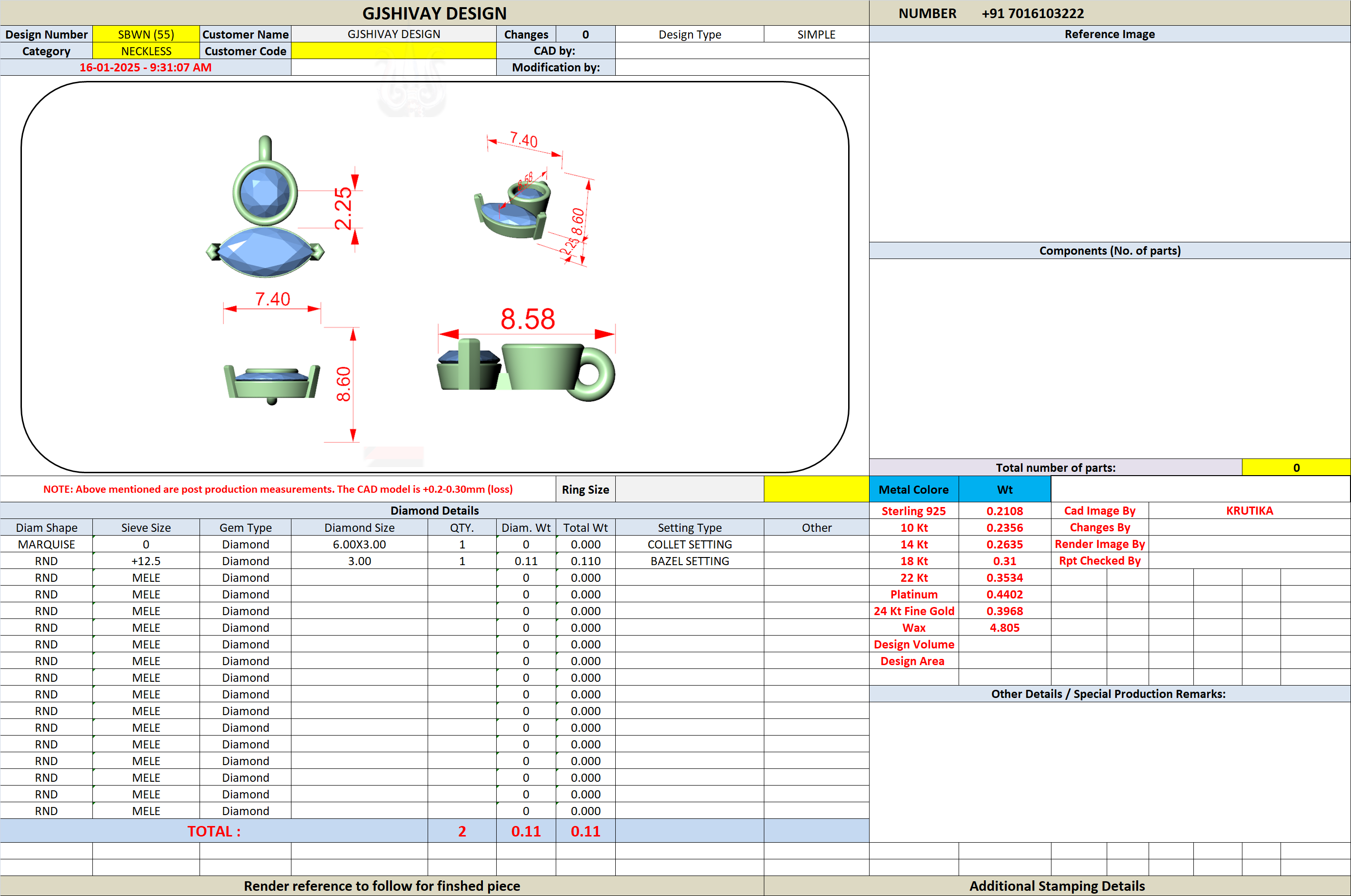 Jewelry design worksheet screenshot with render thumbnail and measurement callouts