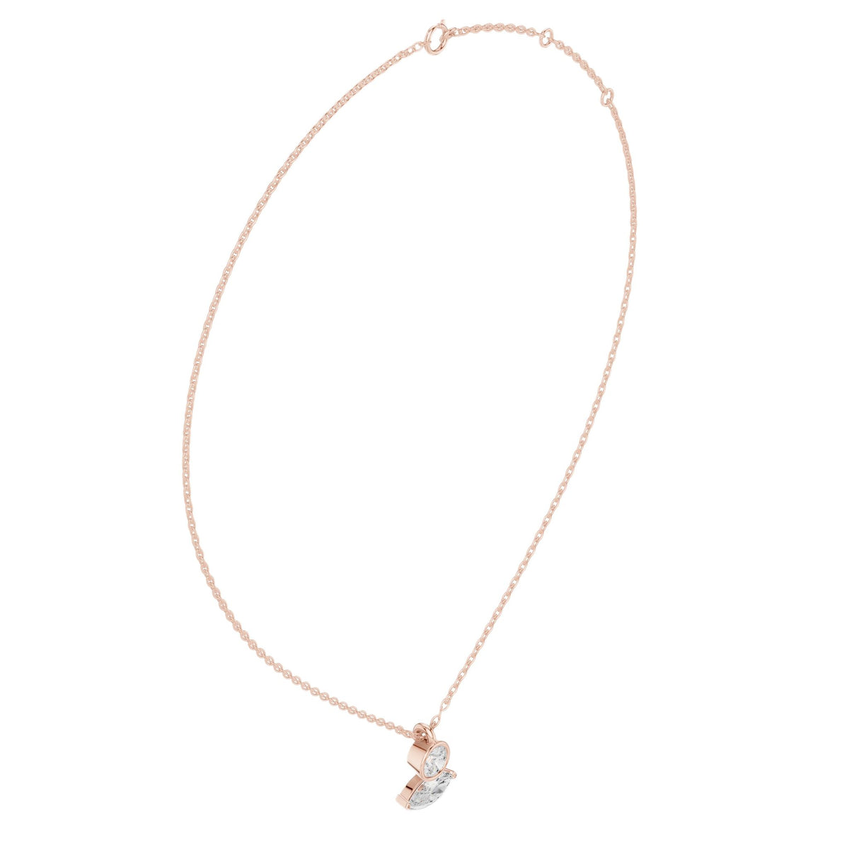 Marquise and round diamond drop pendant on rose gold chain with faceted centerpiece