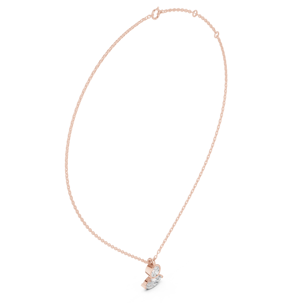 Marquise and round diamond drop pendant on rose gold chain with faceted centerpiece