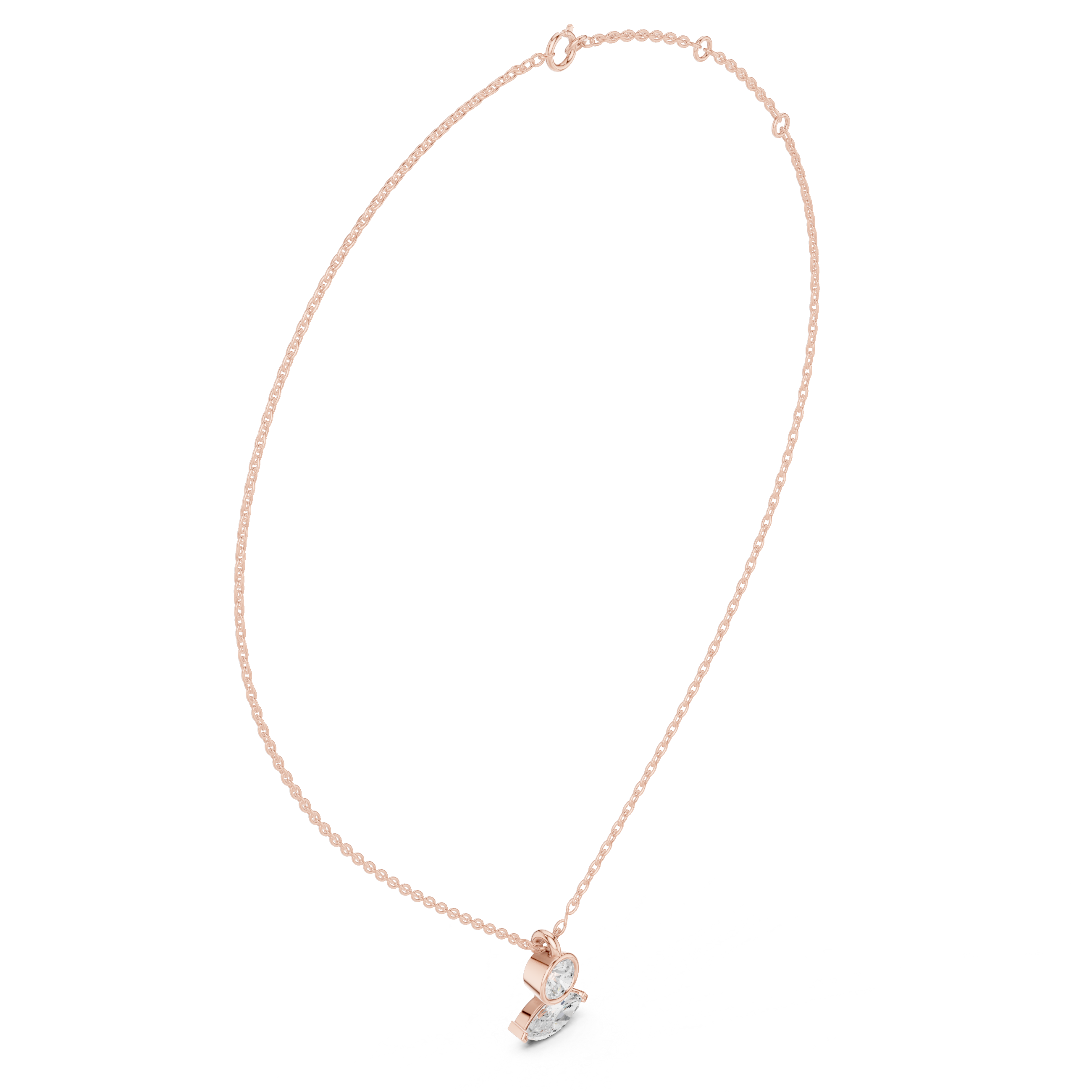 Marquise and round diamond drop pendant on rose gold chain with faceted centerpiece