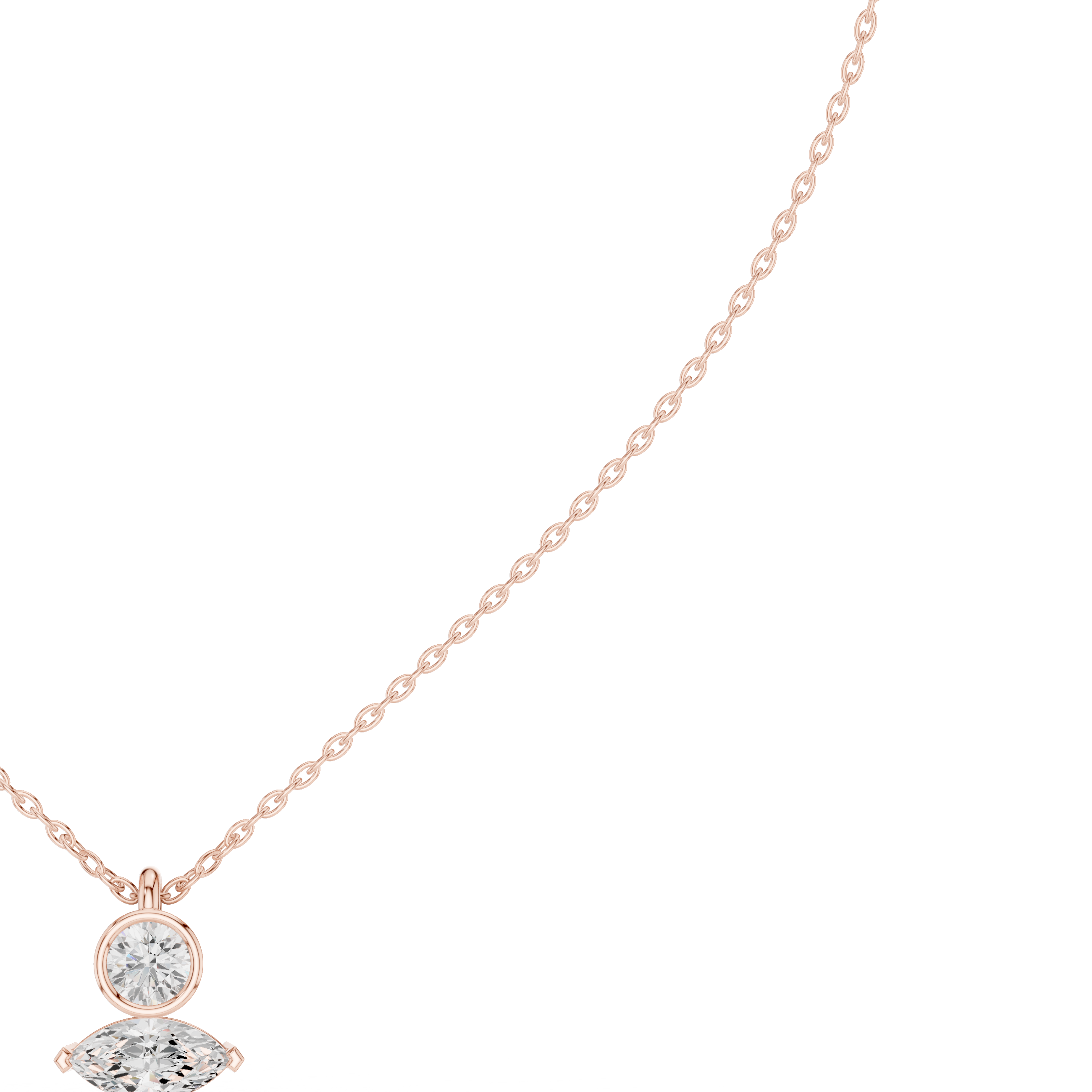 Rose gold diamond drop pendant featuring a round center stone and marquise accent