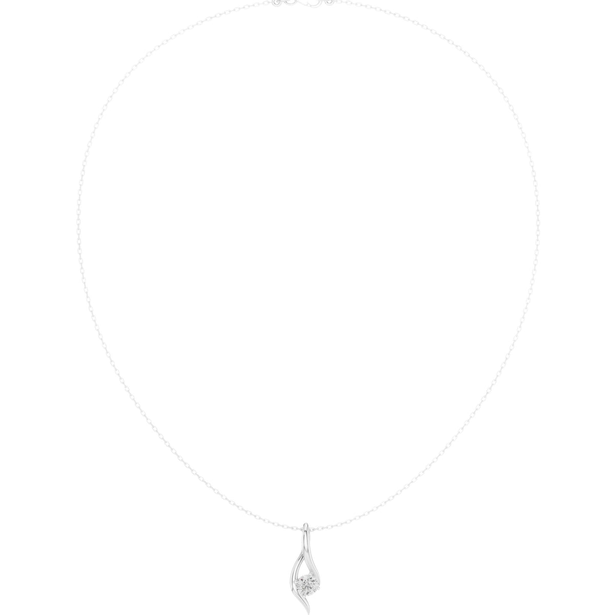 Round solitaire diamond pendant with slim wave bail and cable chain, silver-tone metal
