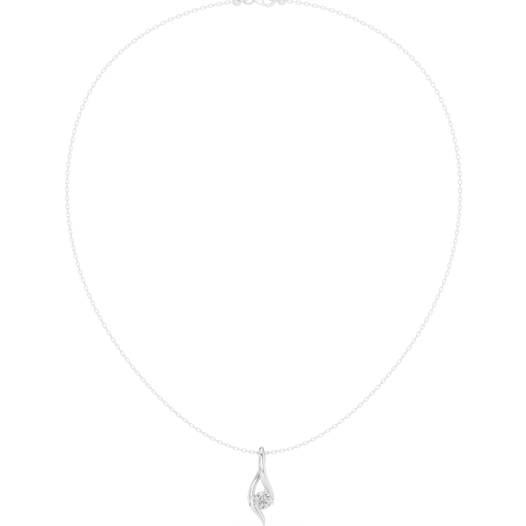 Round solitaire diamond pendant with slim wave bail and cable chain, silver-tone metal