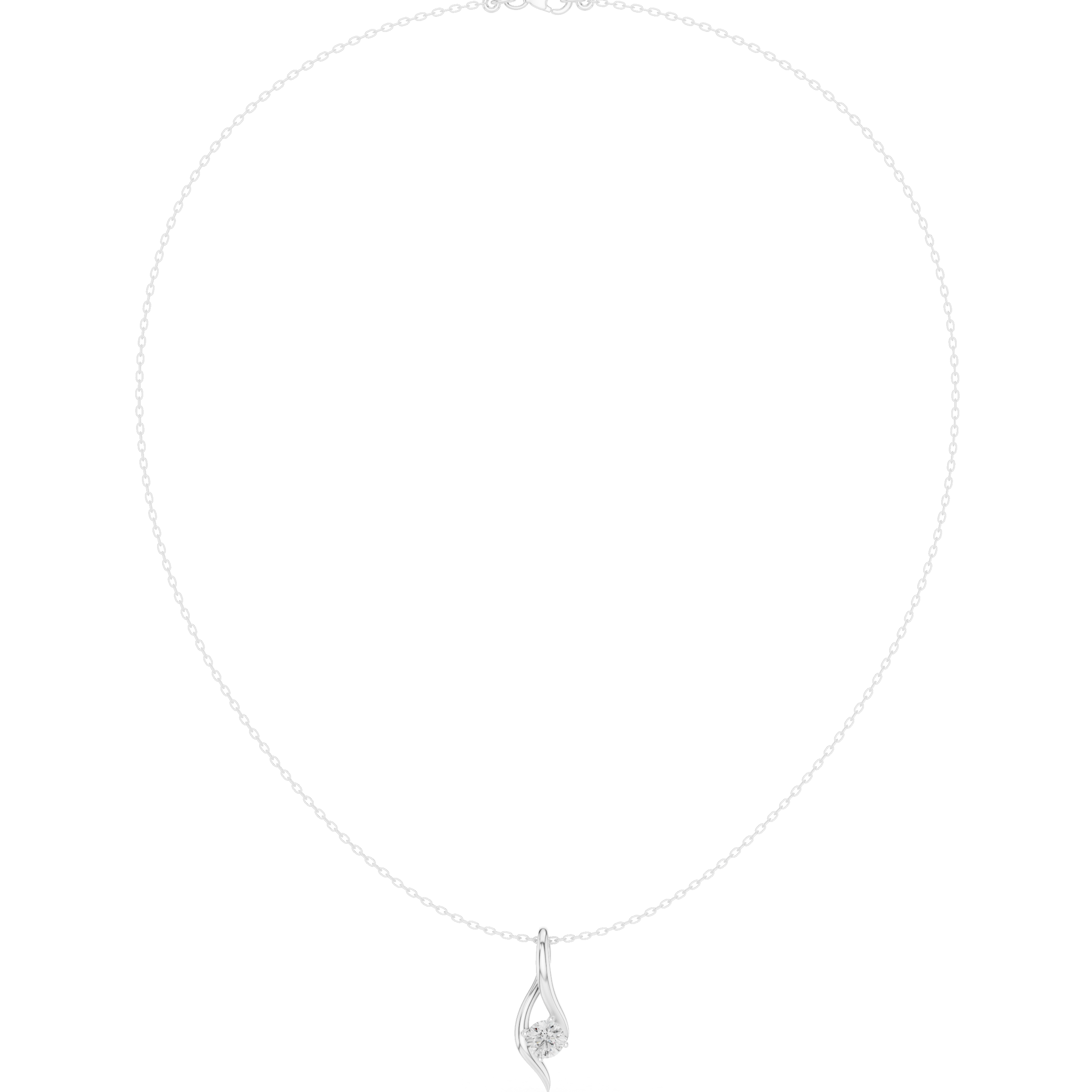 Round solitaire diamond pendant with slim wave bail and cable chain, silver-tone metal