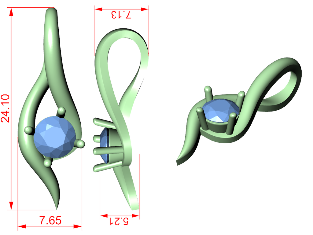 CAD view of wave solitaire pendant with blue center stone and red dimension marks