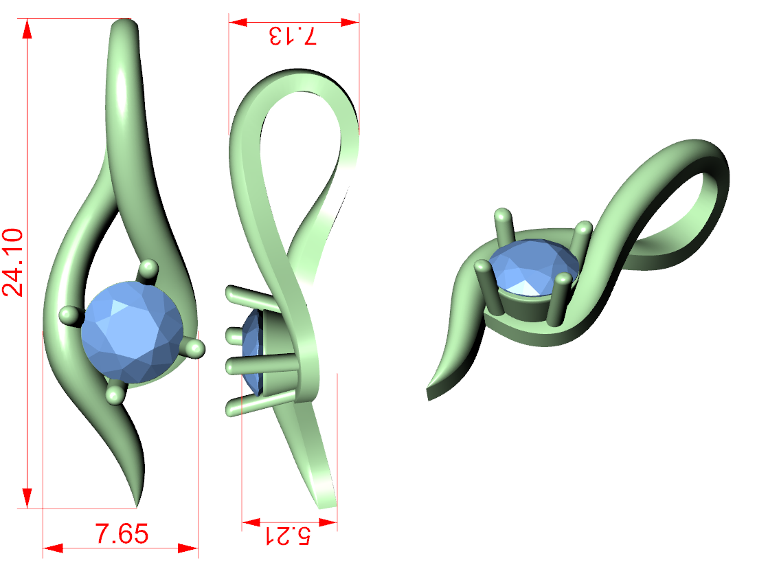 CAD view of wave solitaire pendant with blue center stone and red dimension marks