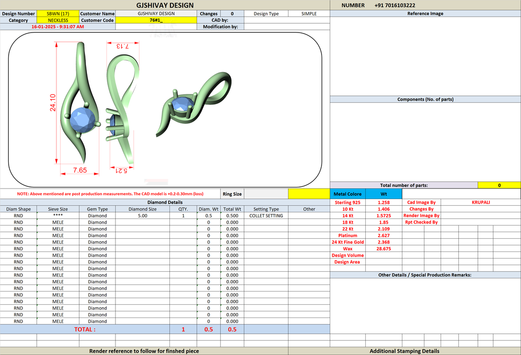 Pendant specifications page showing wave solitaire CAD preview and component table