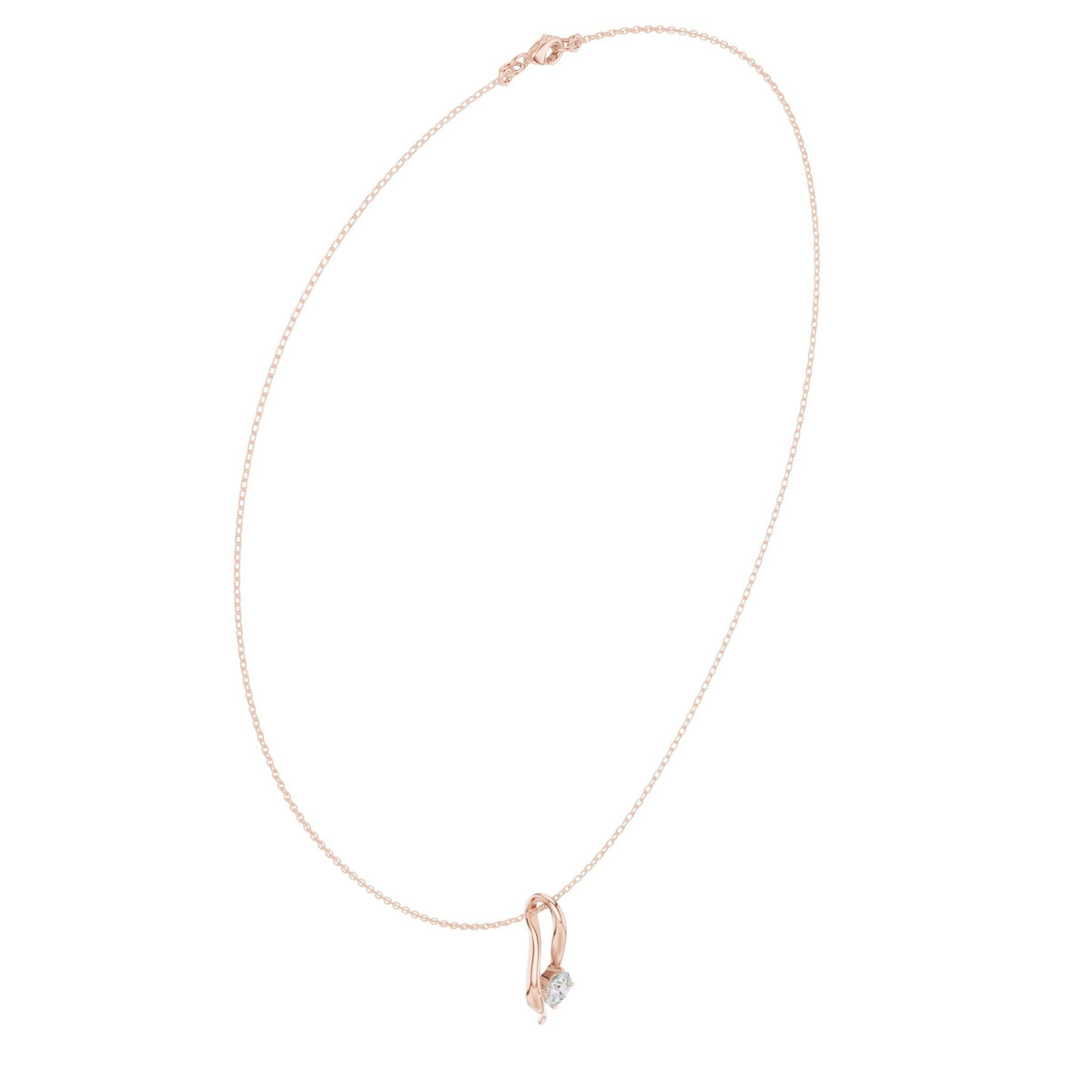 Rose-gold wave solitaire round diamond pendant with cable chain