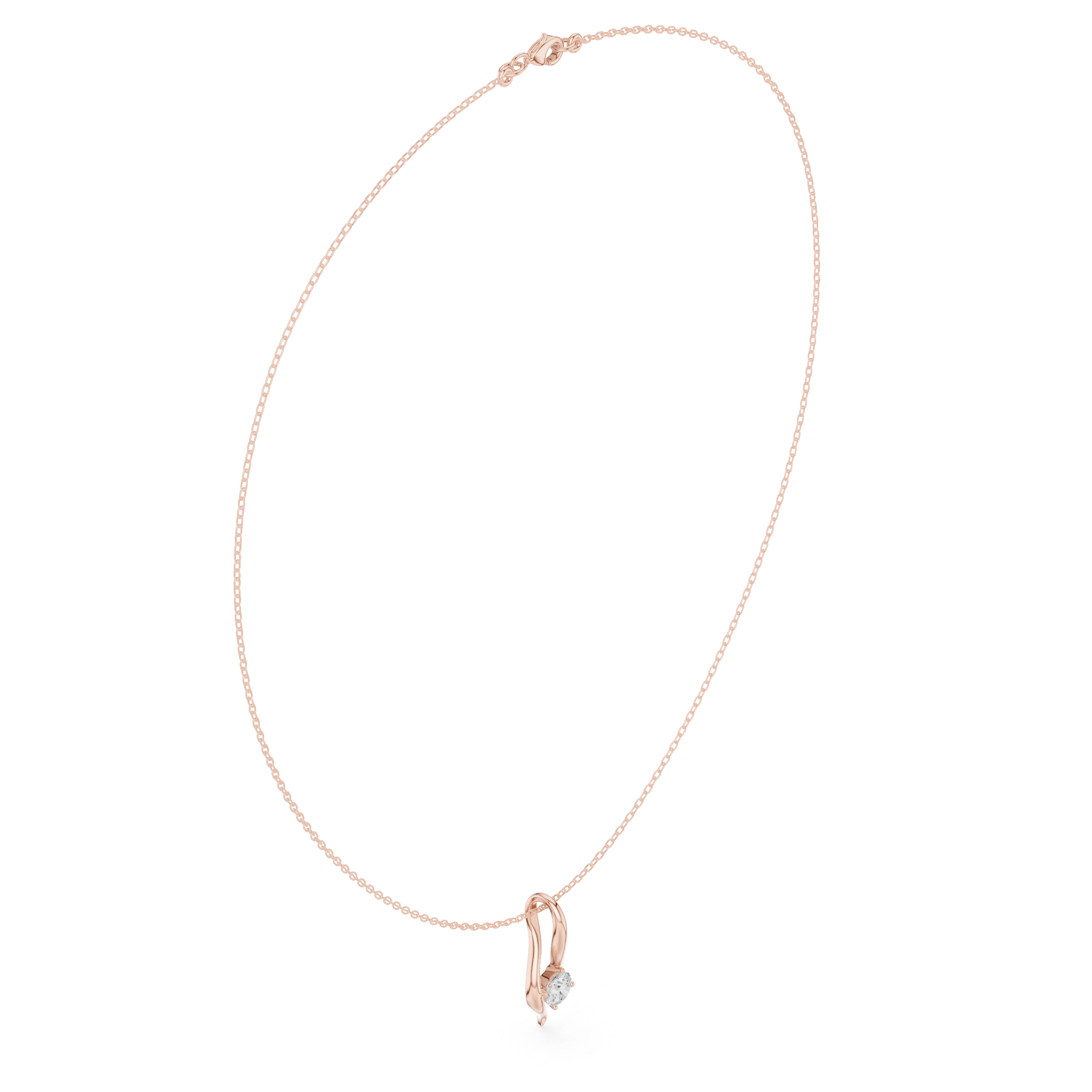 Rose-gold wave solitaire round diamond pendant with cable chain